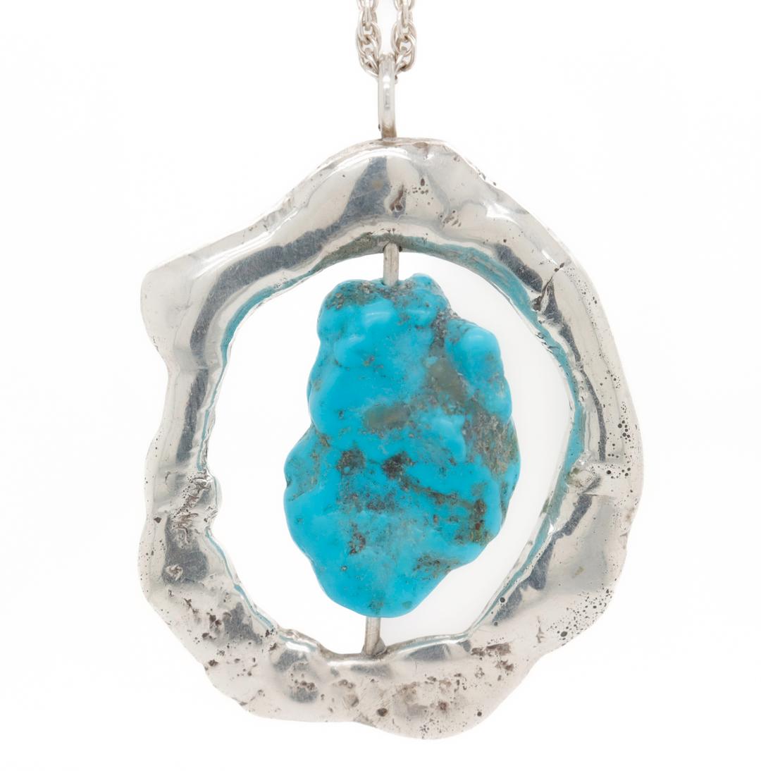 Women's Mid-Century Brutalist Sterling Silver & Turquoise Nugget Pendant Necklace For Sale
