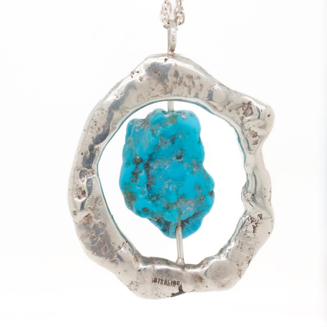 Mid-Century Brutalist Sterling Silver & Turquoise Nugget Pendant Necklace For Sale 2