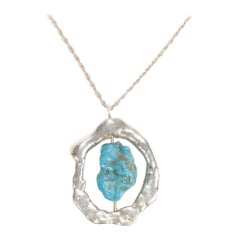 Mid-Century Brutalist Sterling Silver & Turquoise Nugget Pendant Necklace