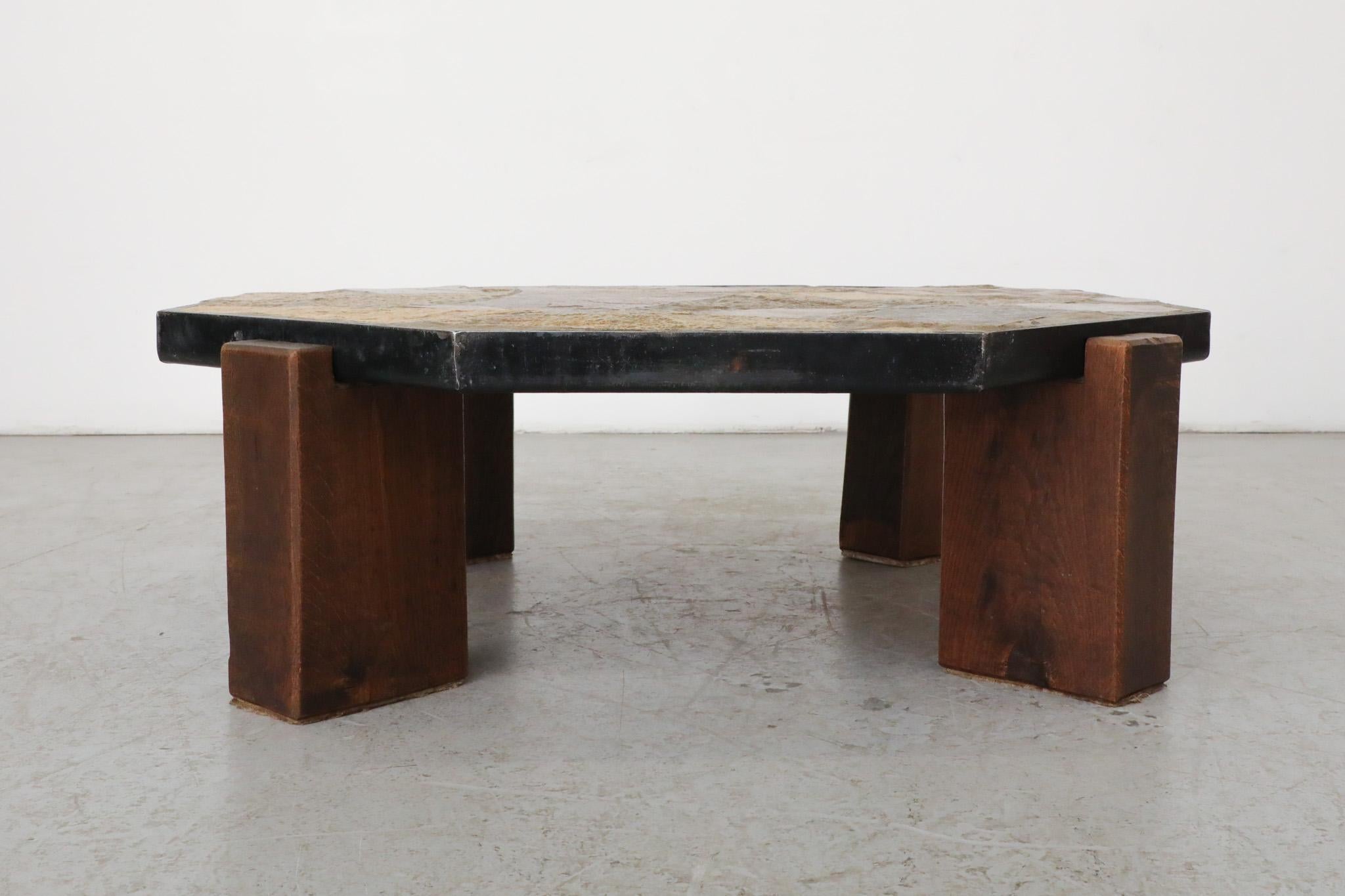 Sechseckiger brutalistischer Mid-Century-Tisch aus Stein, Holz und Stahl im Zustand „Gut“ in Los Angeles, CA