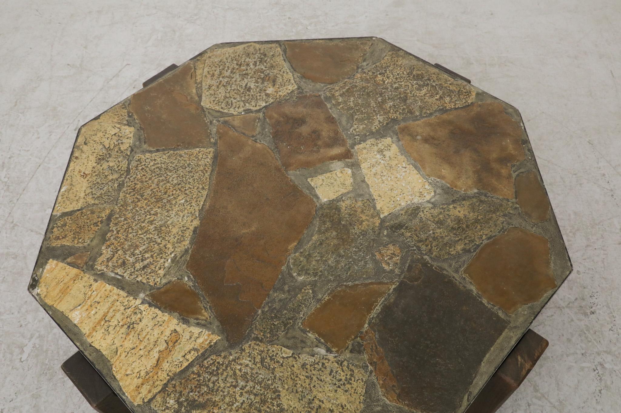Sechseckiger brutalistischer Mid-Century-Tisch aus Stein, Holz und Stahl 1