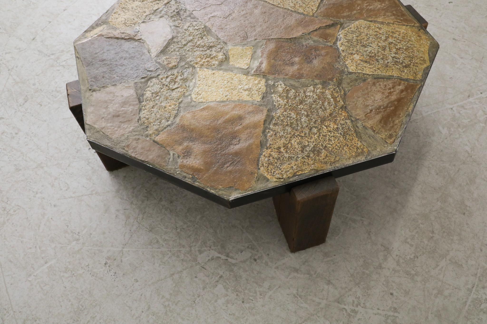 Sechseckiger brutalistischer Mid-Century-Tisch aus Stein, Holz und Stahl 2
