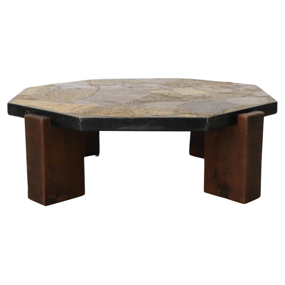 Mid-Century Brutalist Stone Hexagonal Stone, Wood And Steel Table
