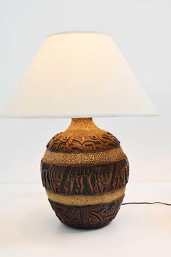 Midcentury Brutalist Style Bulbous Ceramic Table Lamps in Bronze