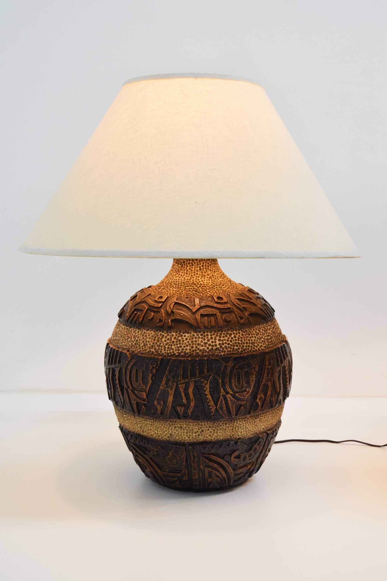Mid-Century Modern Midcentury Brutalist Style Bulbous Ceramic Table Lamps in Bronze For Sale