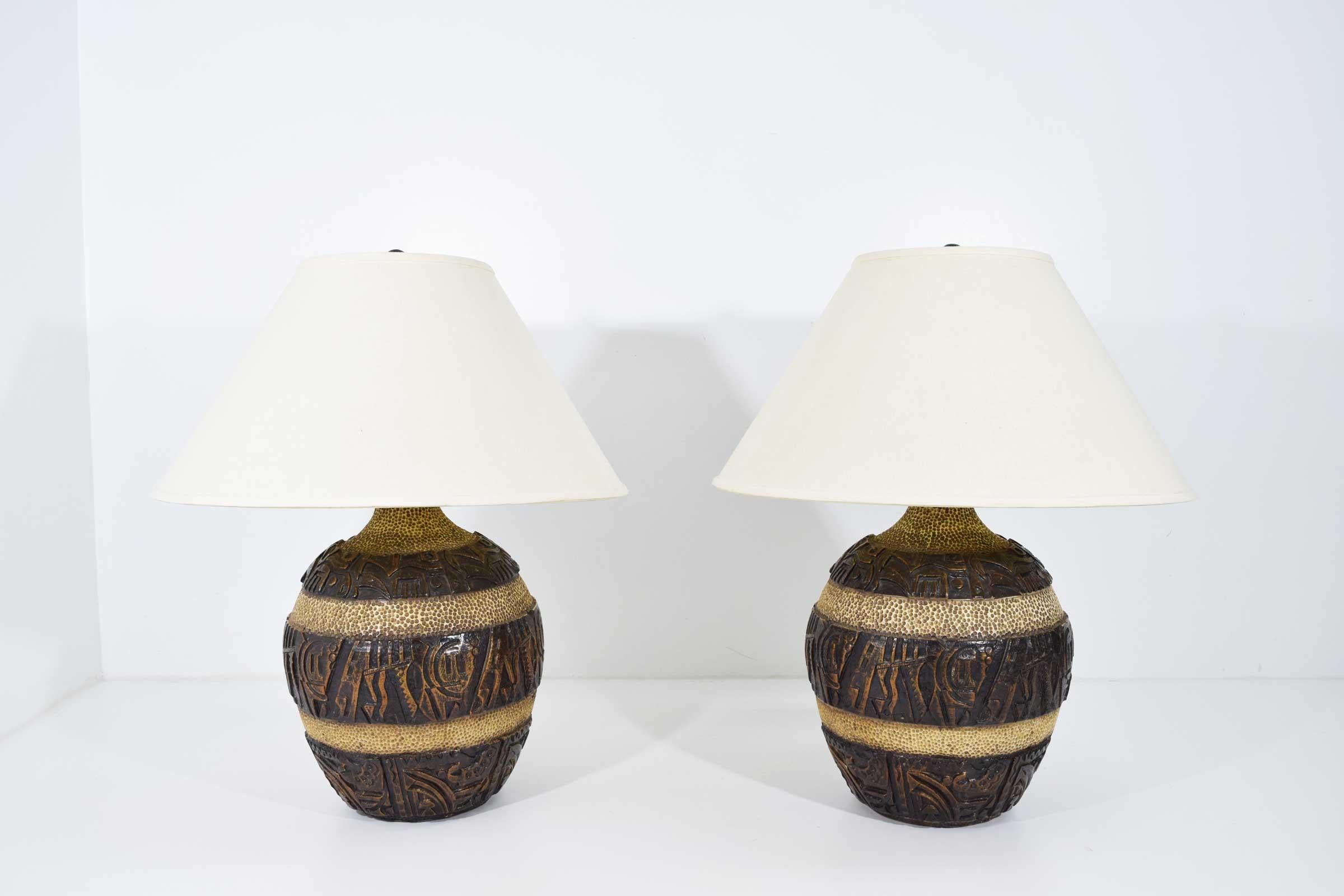 American Midcentury Brutalist Style Bulbous Ceramic Table Lamps in Bronze For Sale