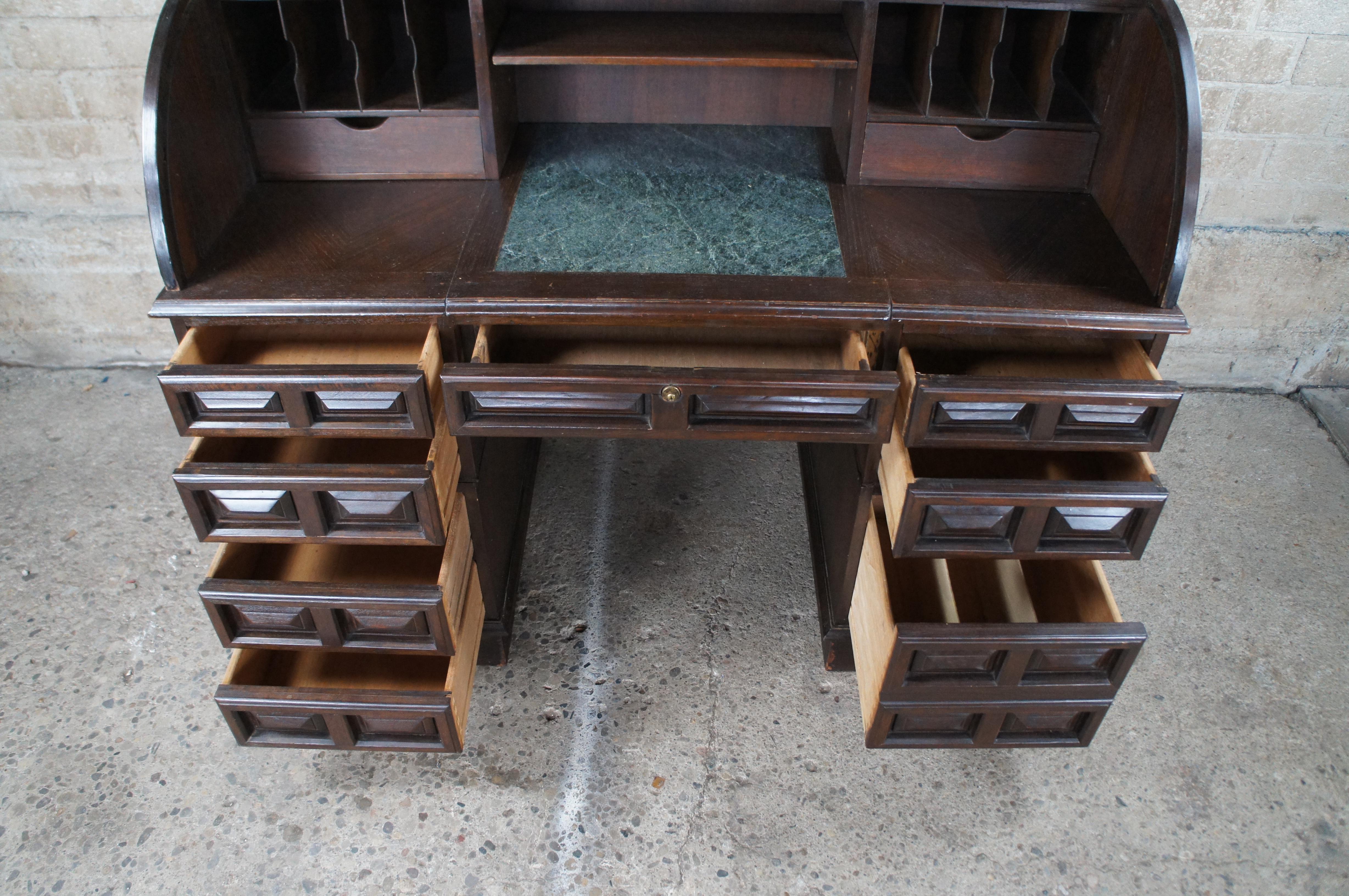 Mid Century Brutalist Style Half Cylinder Oak Roll Top Marble Writing Desk 53