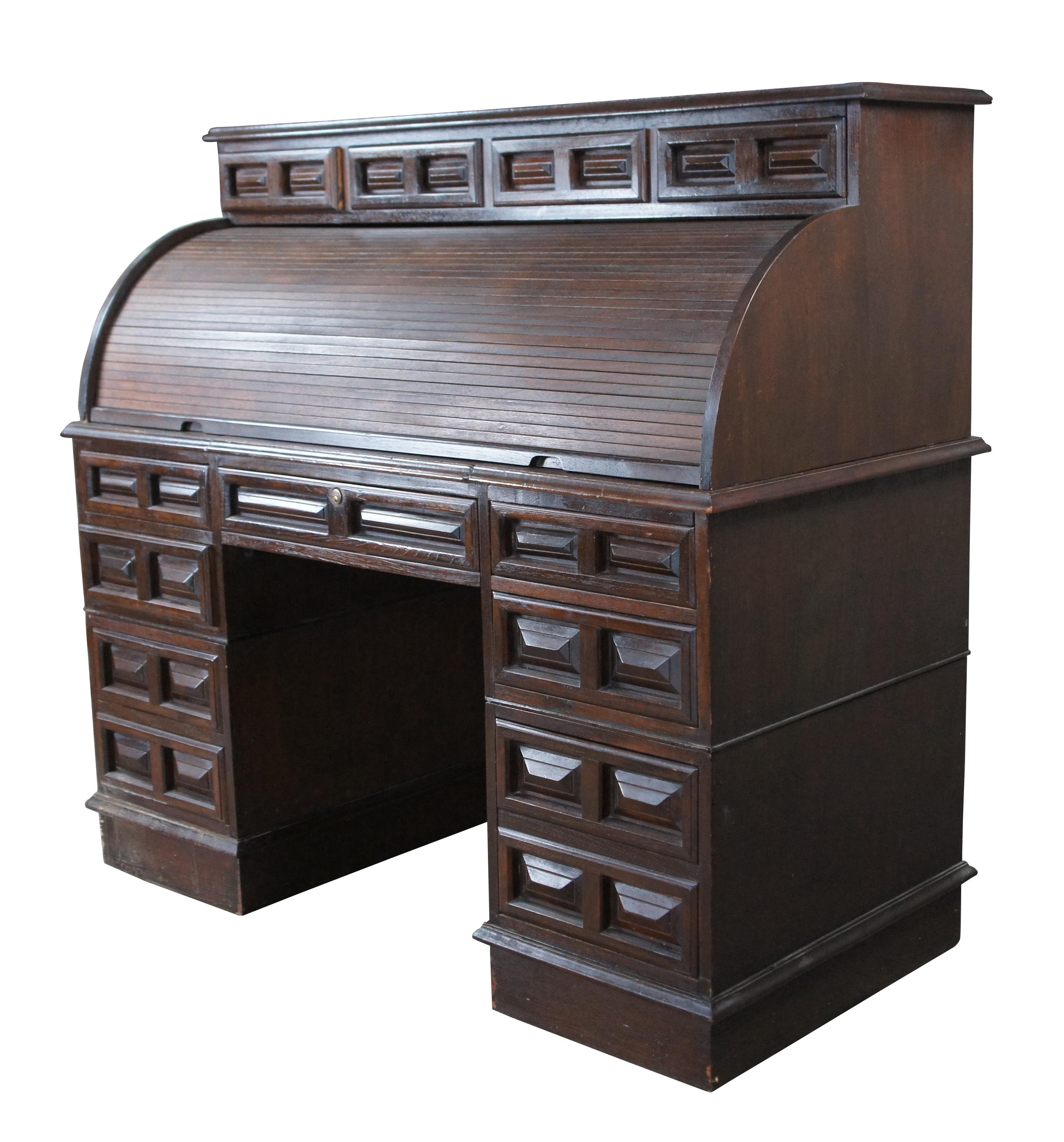 Mid Century Brutalist Style Half Cylinder Oak Roll Top Marble Writing Desk 53