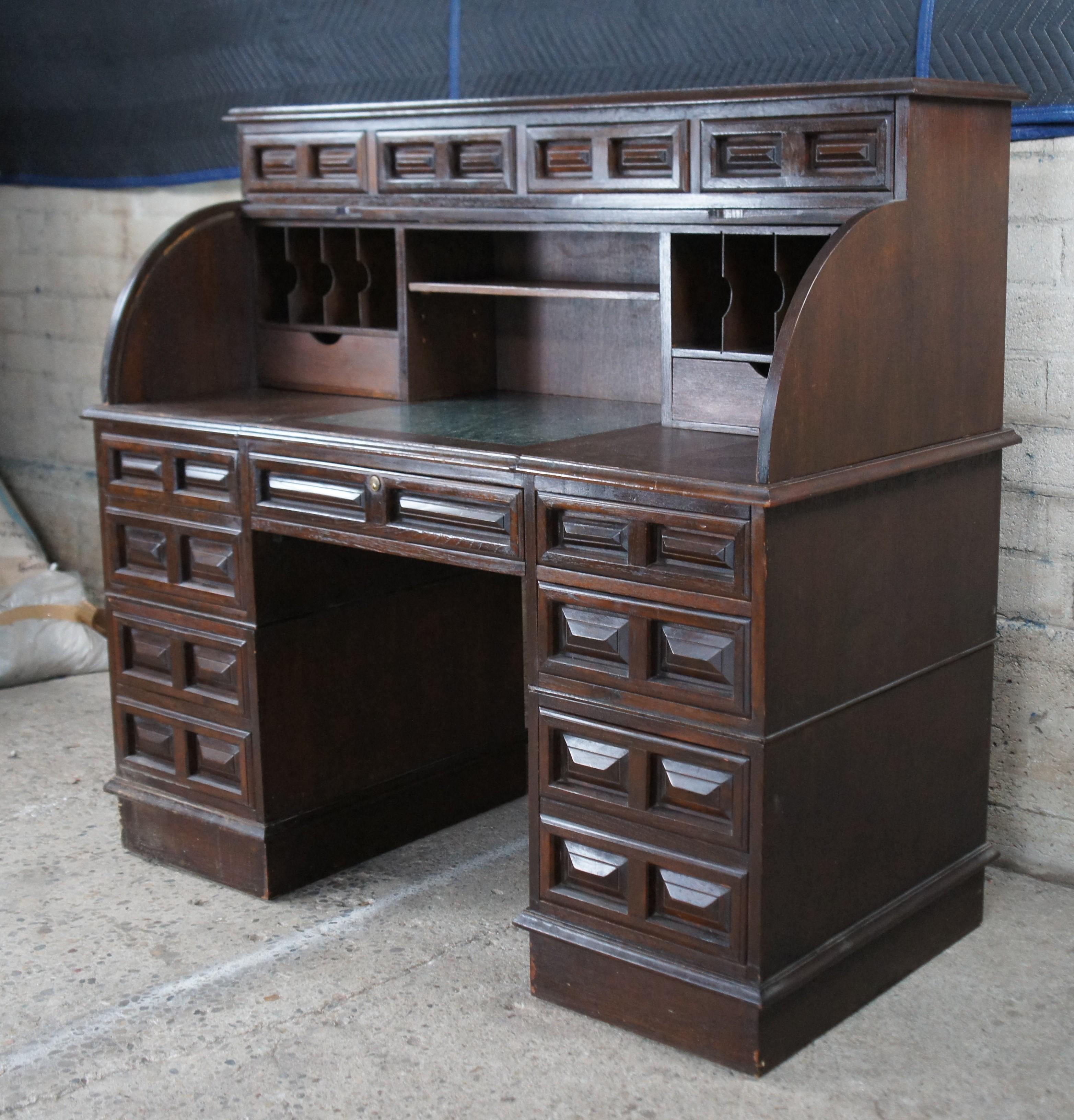 20th Century Mid Century Brutalist Style Half Cylinder Oak Roll Top Marble Writing Desk 53