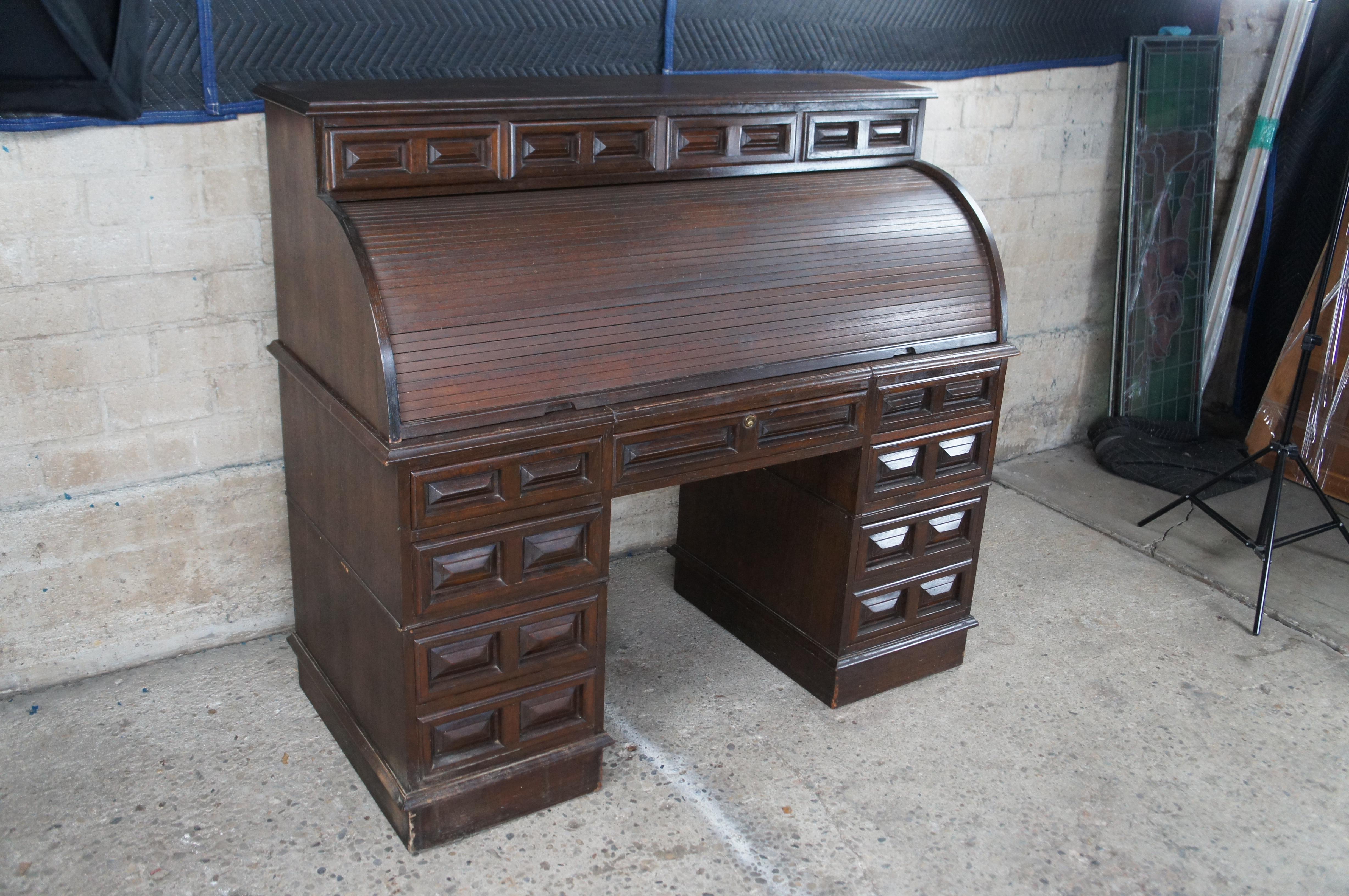 Mid Century Brutalist Style Half Cylinder Oak Roll Top Marble Writing Desk 53