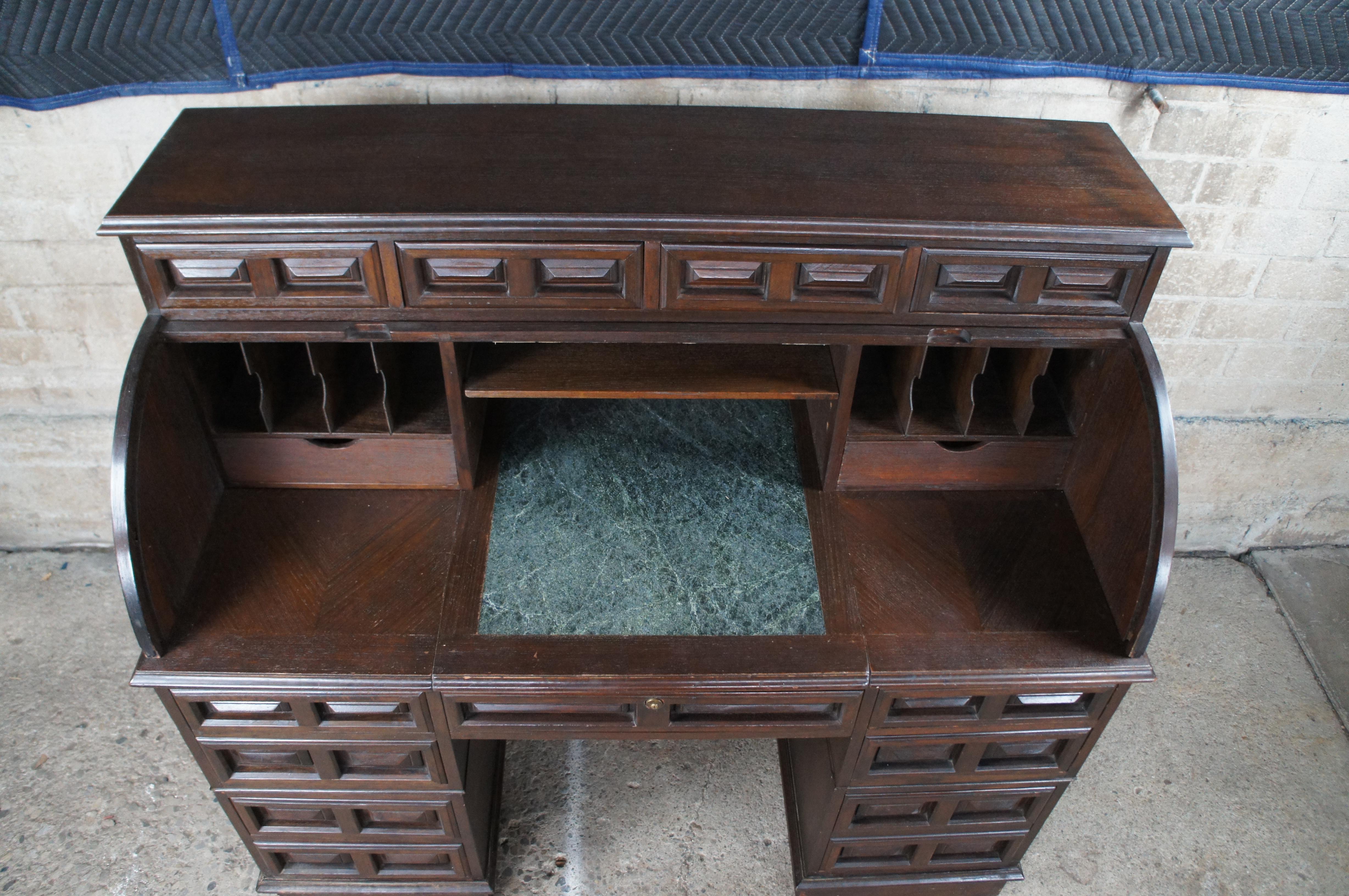 Mid Century Brutalist Style Half Cylinder Oak Roll Top Marble Writing Desk 53