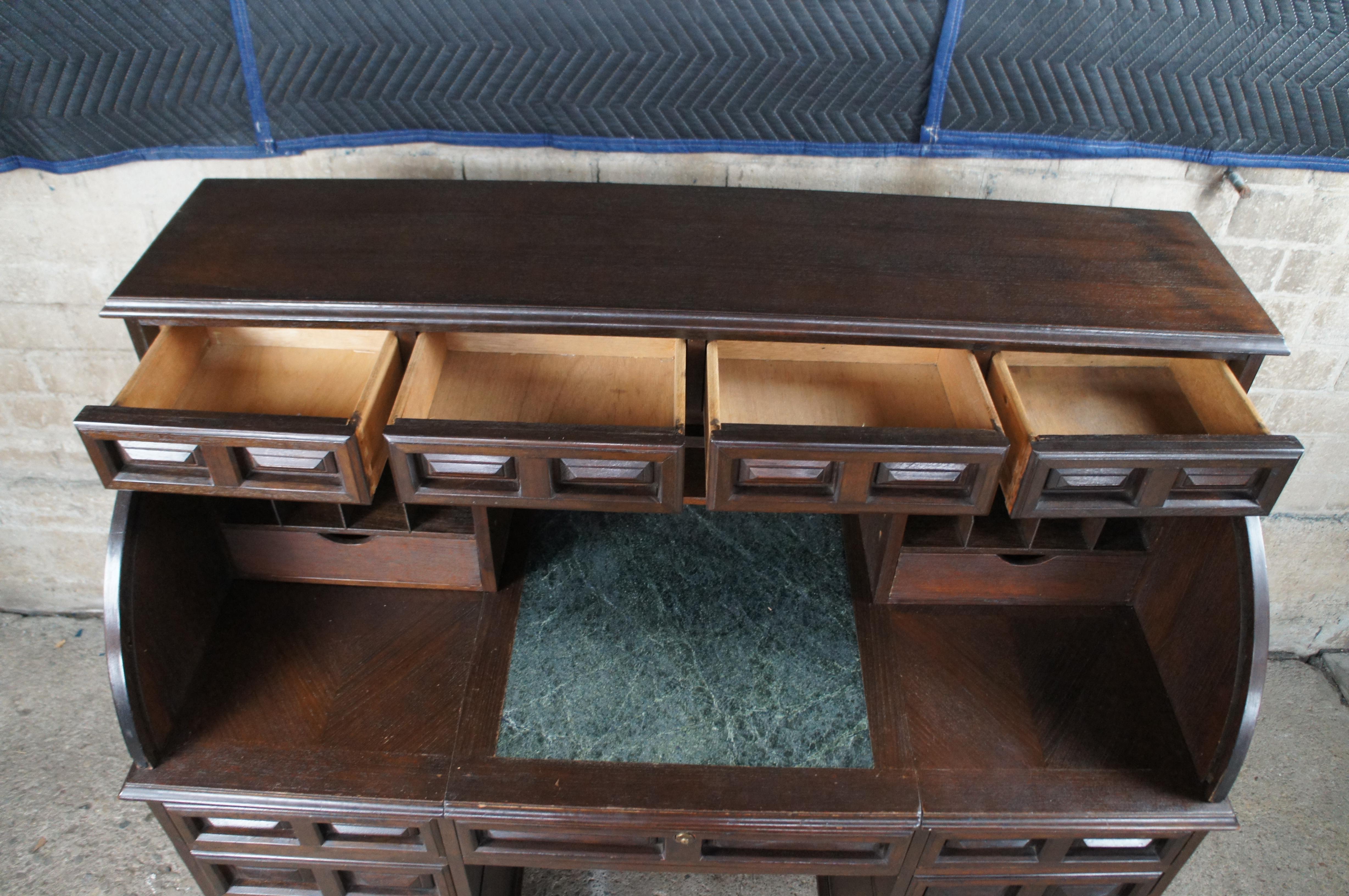 Mid Century Brutalist Style Half Cylinder Oak Roll Top Marble Writing Desk 53