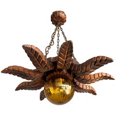 Vintage Mid-Century Brutalist Sunburst Wooden Pendant Light / Flush Mount W. Amber Shade