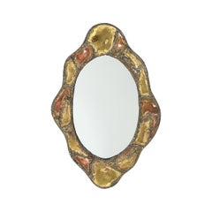 Mid-Century Brutalist Textural Welded Brass & Copper Bordered Signed Mirror