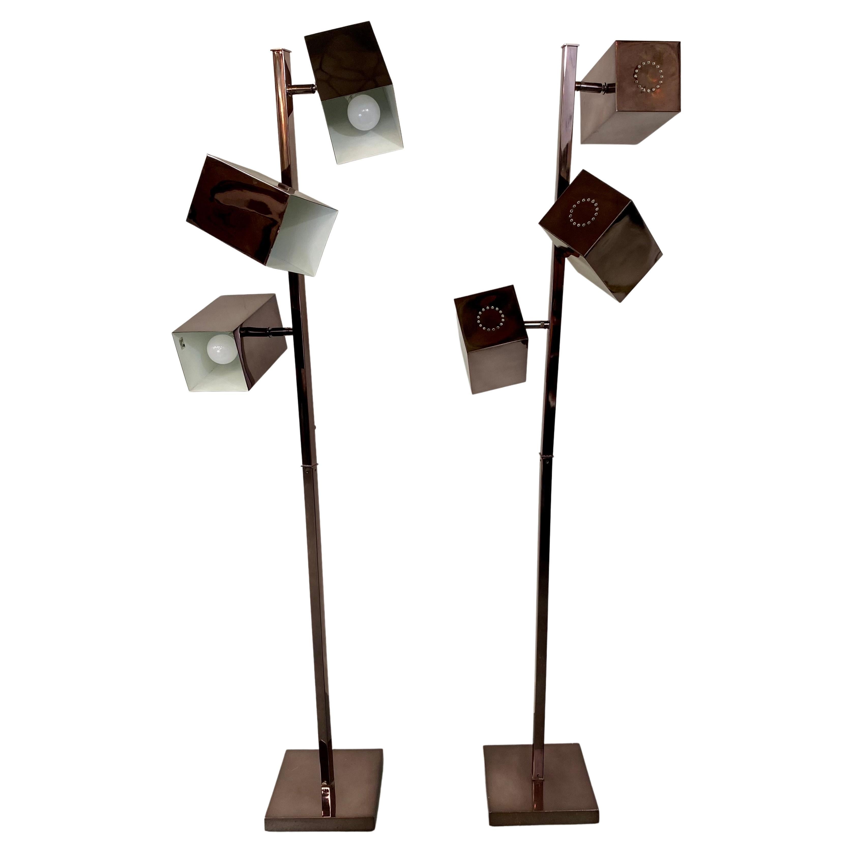 Paire de lampadaires cubistes de Robert Sonneman, Mid Century Modern Copper Finish  en vente