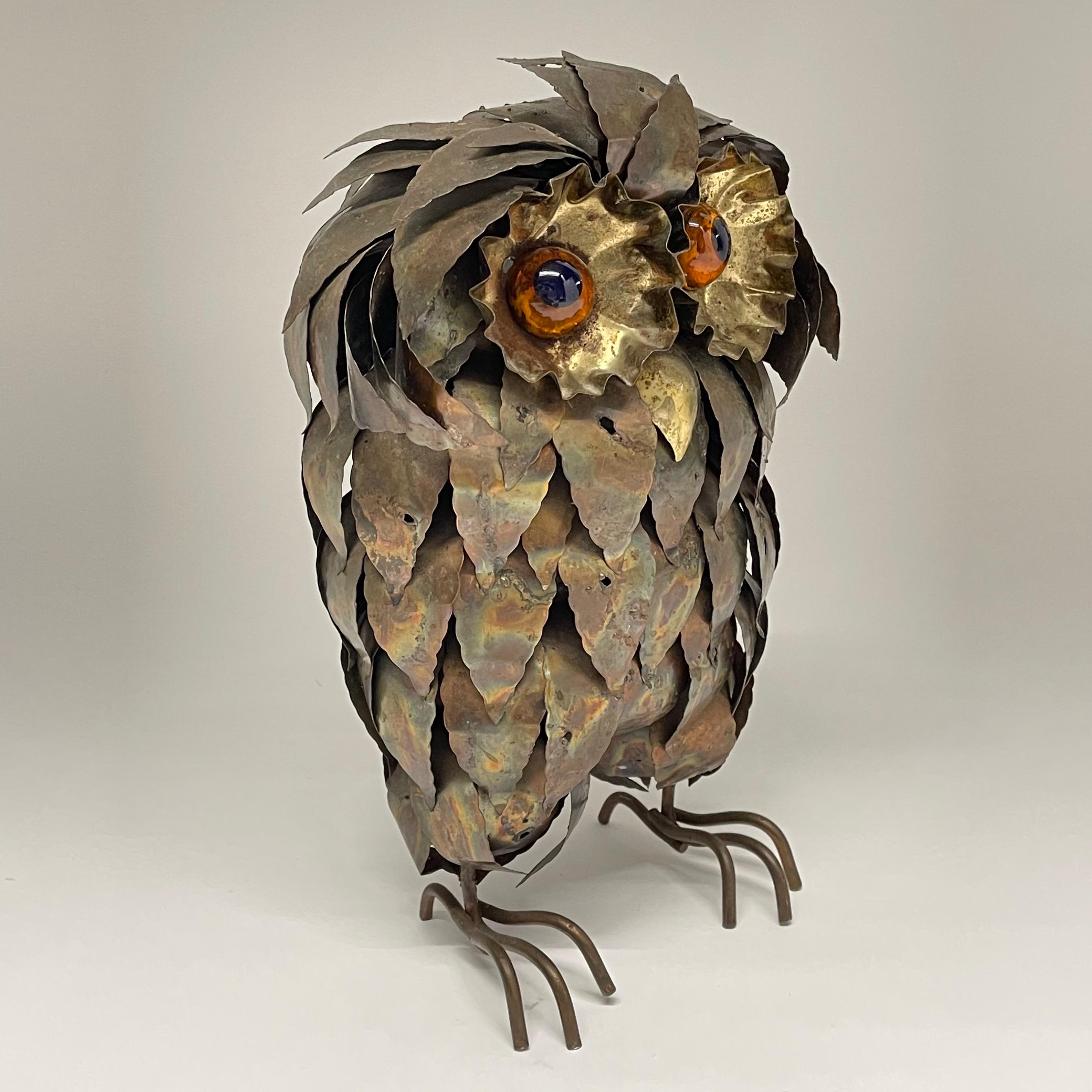 American Mid Century Brutalist Torch Cut Brass and Copper Owl Sculpture, 1970s