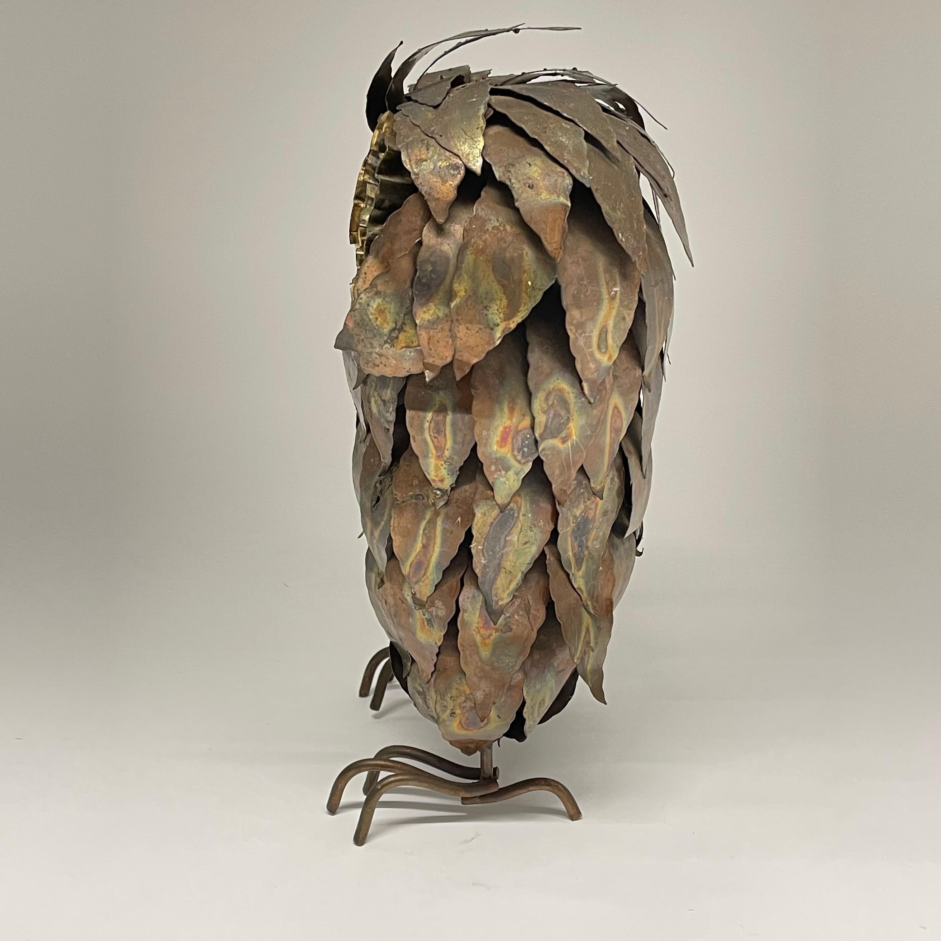 Welded Mid Century Brutalist Torch Cut Brass and Copper Owl Sculpture, 1970s