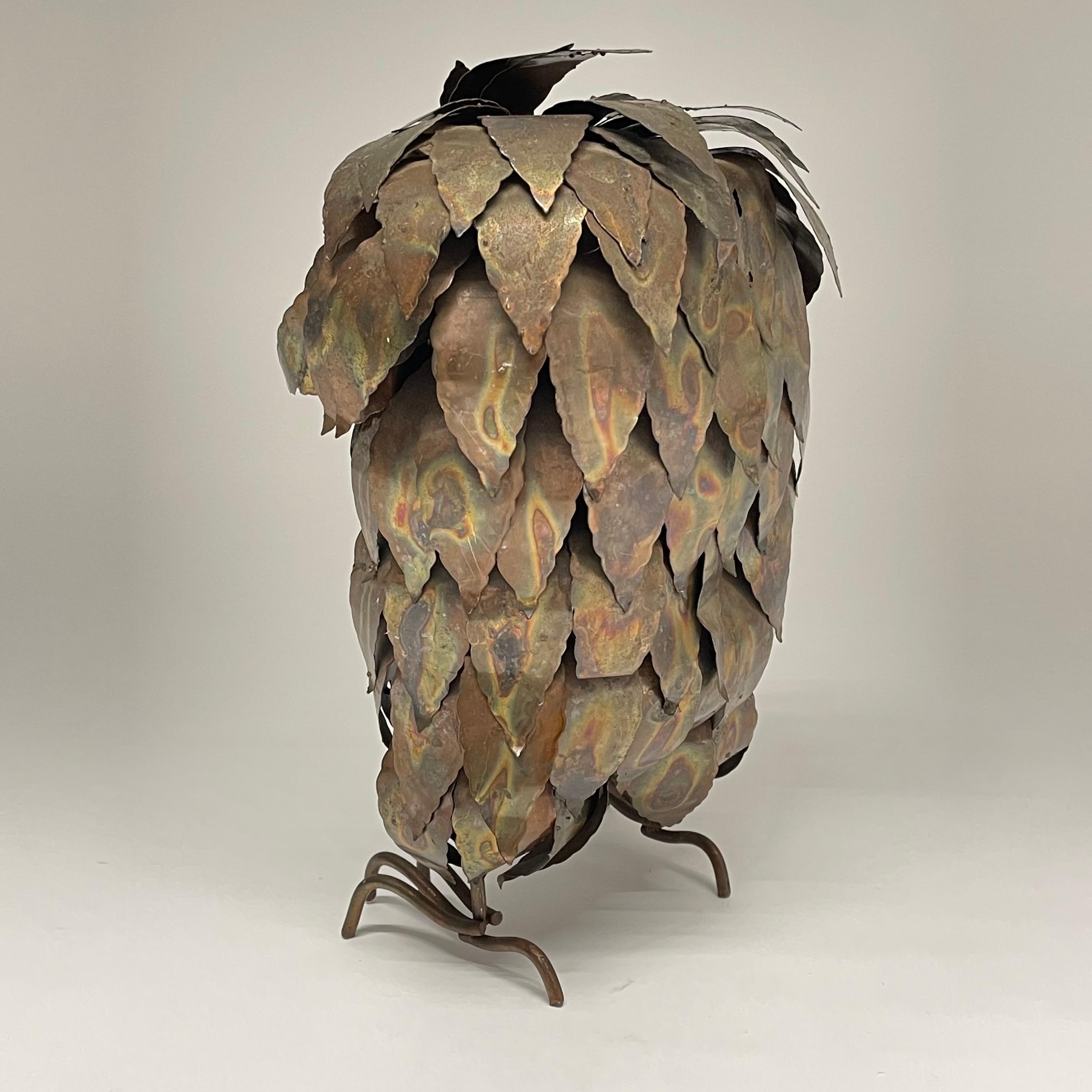 20th Century Mid Century Brutalist Torch Cut Brass and Copper Owl Sculpture, 1970s