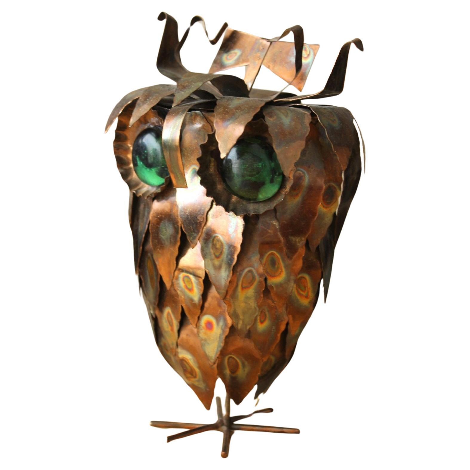 Mid Century Brutalist Torch Cut Brass and Copper Owl Sculpture, 1970s Green Eyes For Sale