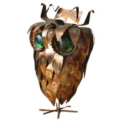 Mid Century Brutalist Torch Cut Brass and Copper Owl Sculpture, 1970s Green Eyes