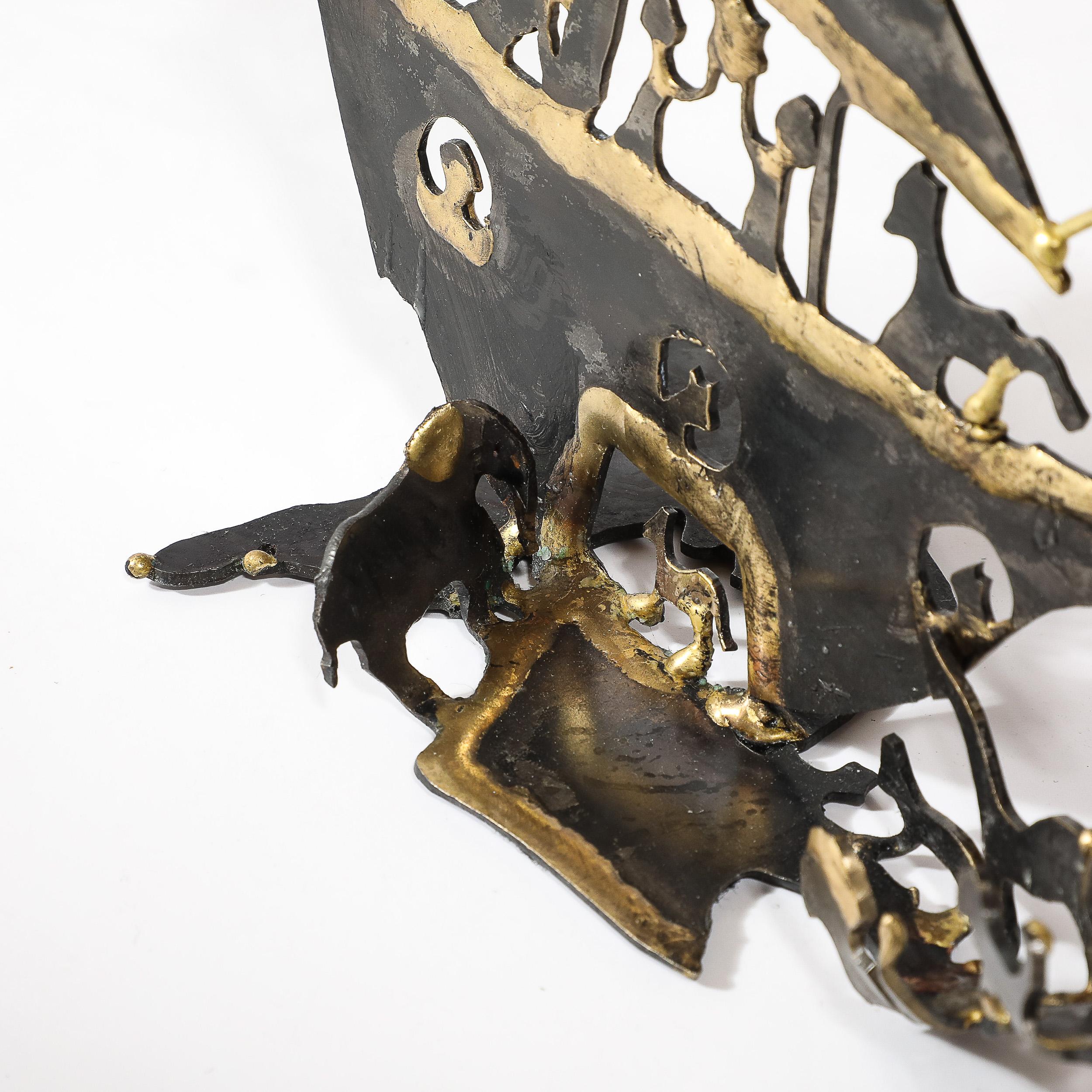 Mid-Century Brutalist Torch Cut Patinated Brass Menorah w/ Noah's Ark Motif 7