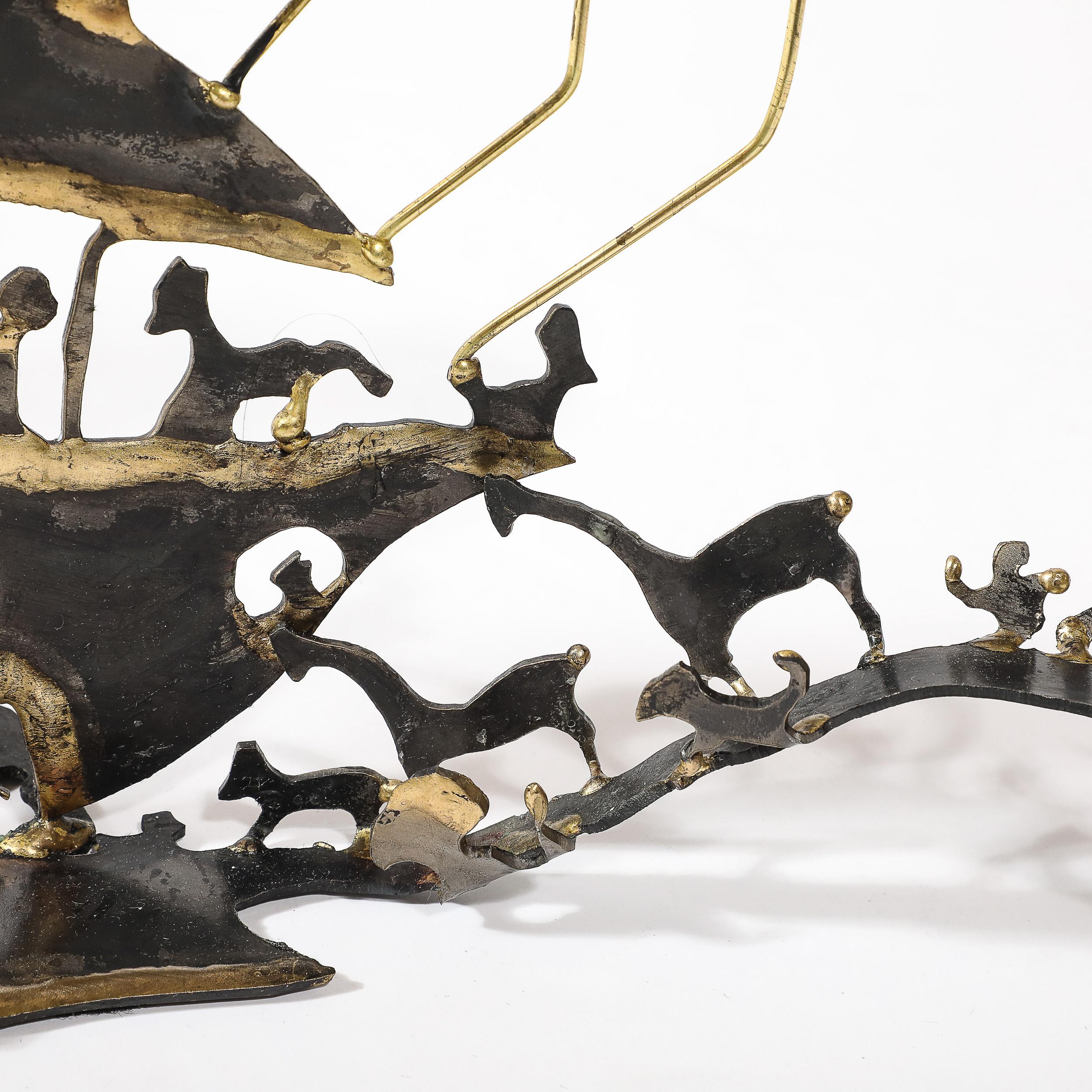 Mid-Century Brutalist Torch Cut Patinated Brass Menorah w/ Noah's Ark Motif 8