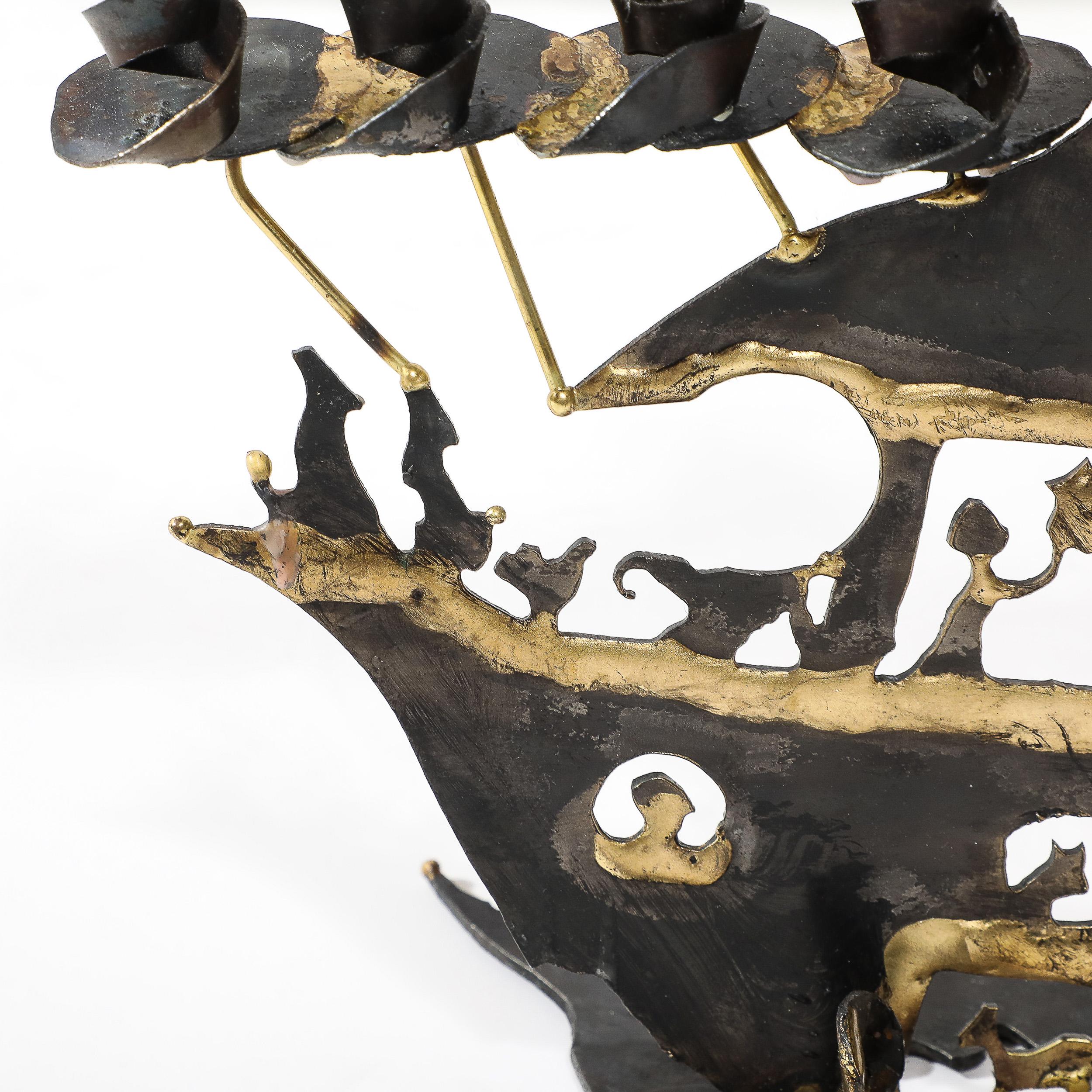 Mid-Century Brutalist Torch Cut Patinated Brass Menorah w/ Noah's Ark Motif 9