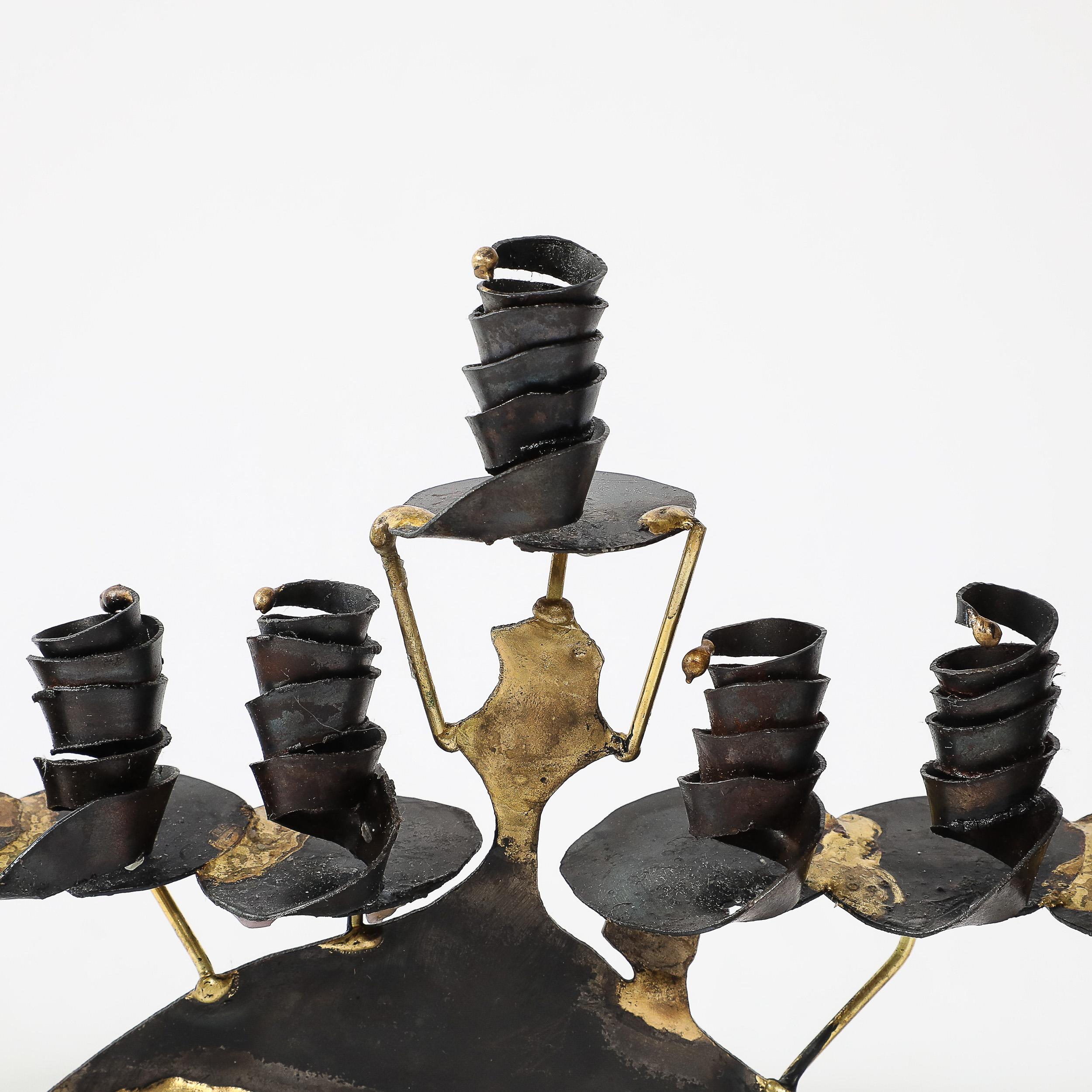 American Mid-Century Brutalist Torch Cut Patinated Brass Menorah w/ Noah's Ark Motif