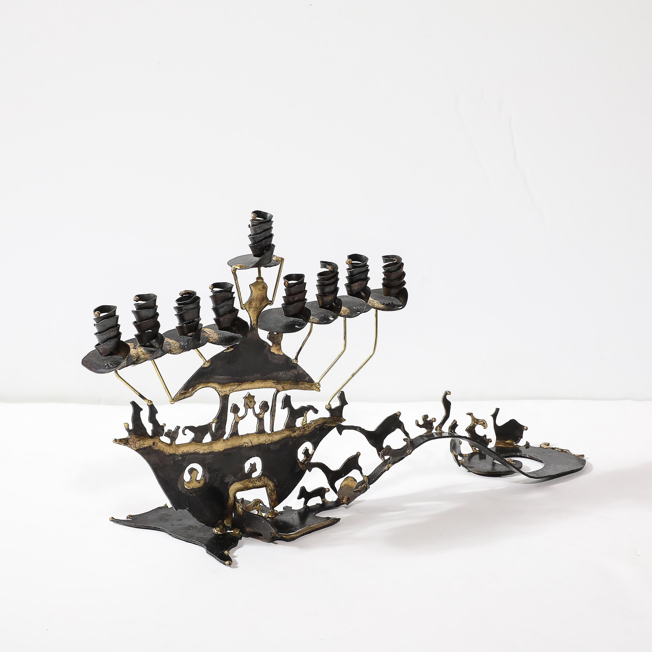 Mid-Century Brutalist Torch Cut Patinated Brass Menorah w/ Noah's Ark Motif In Excellent Condition In New York, NY