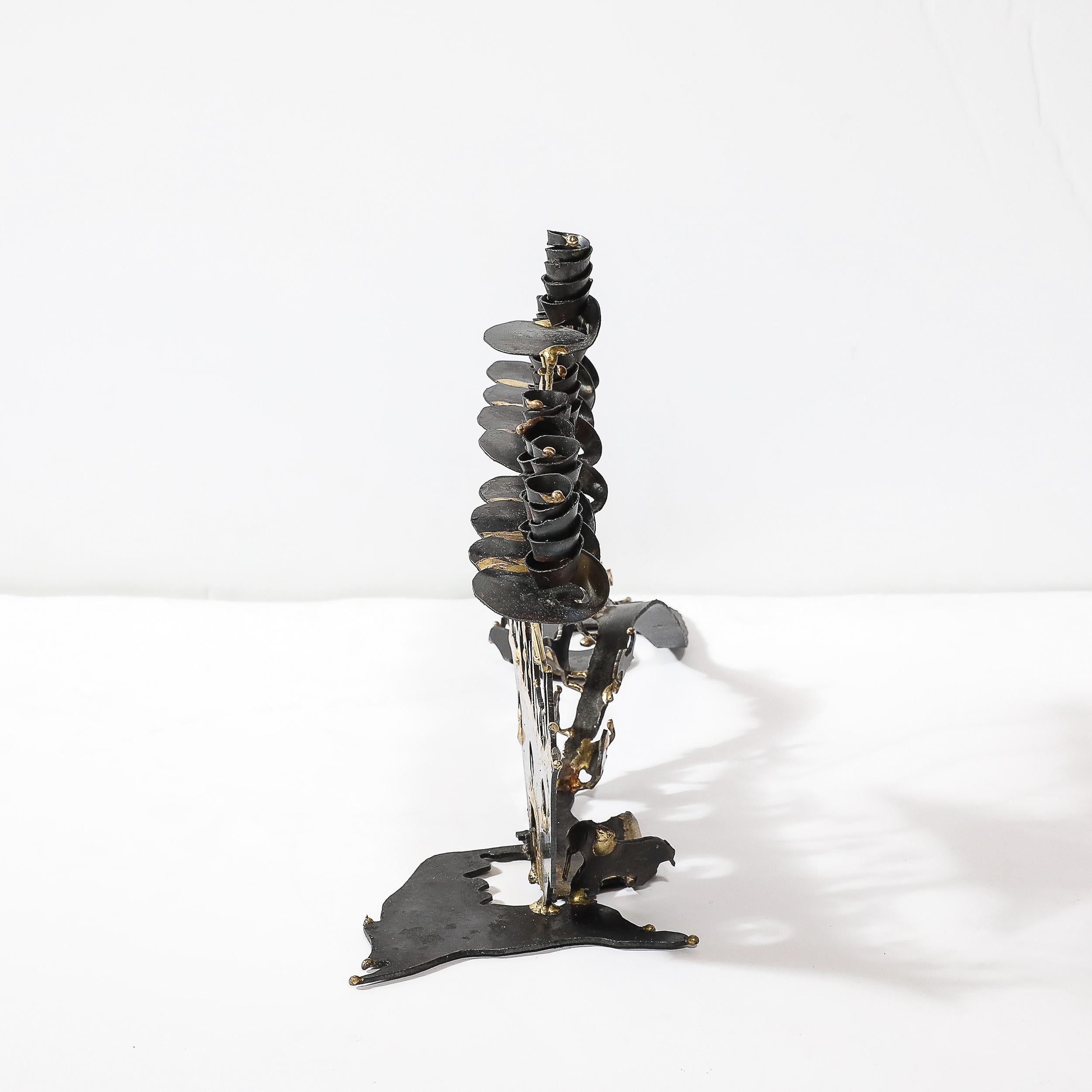 Late 20th Century Mid-Century Brutalist Torch Cut Patinated Brass Menorah w/ Noah's Ark Motif
