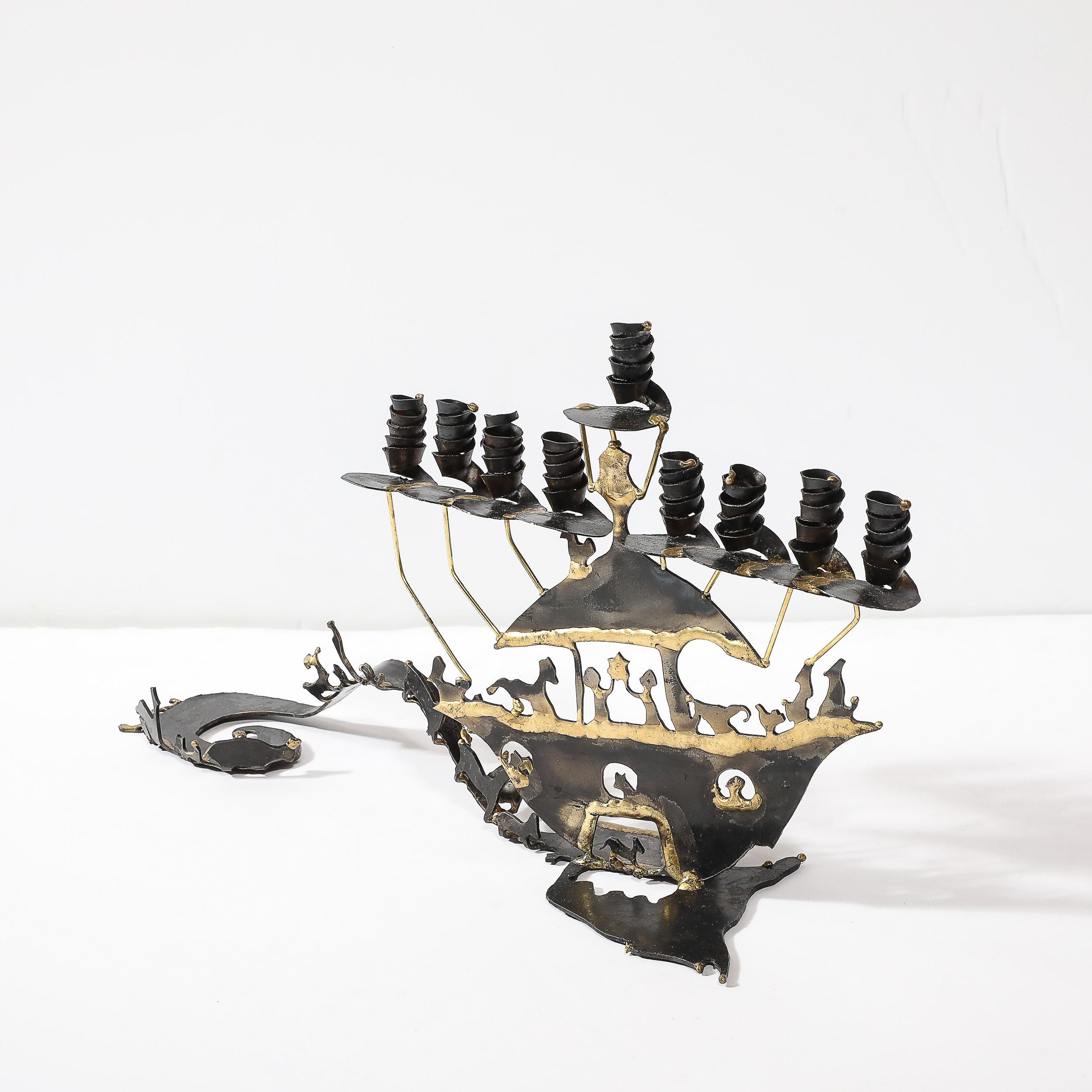 Mid-Century Brutalist Torch Cut Patinated Brass Menorah w/ Noah's Ark Motif 1