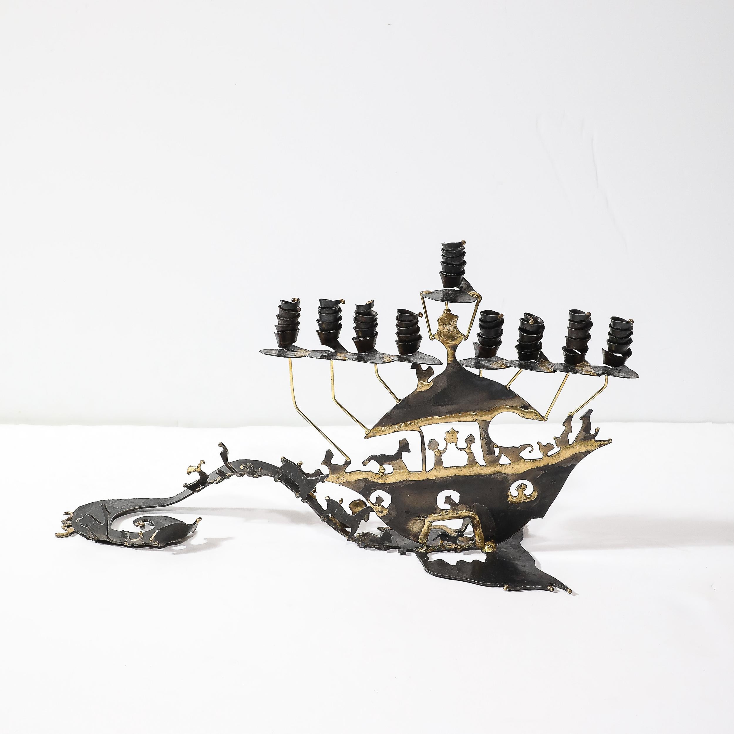 Mid-Century Brutalist Torch Cut Patinated Brass Menorah w/ Noah's Ark Motif 2