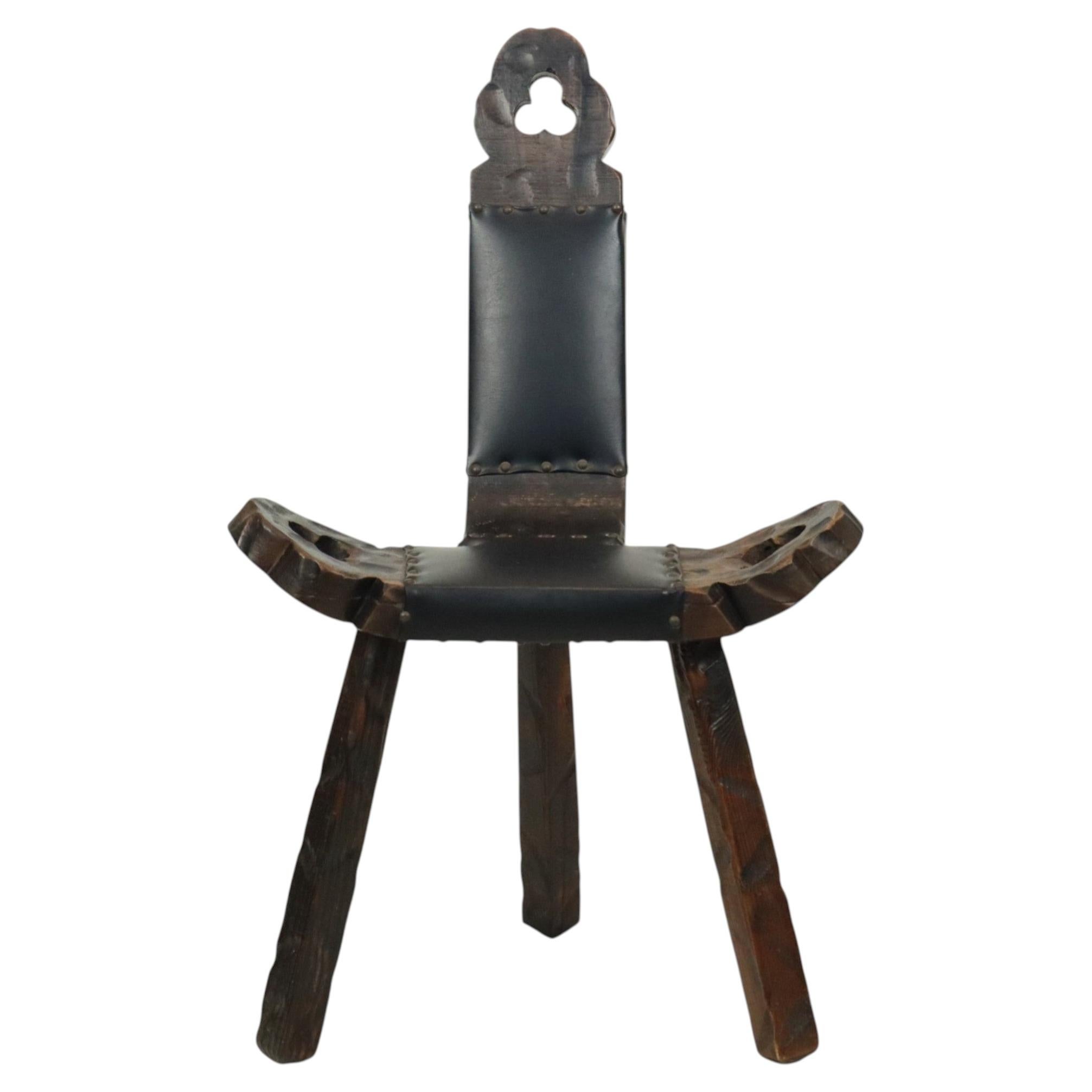 Mid Century Brutalist Tripod Chair Pine Faux Leather Spain