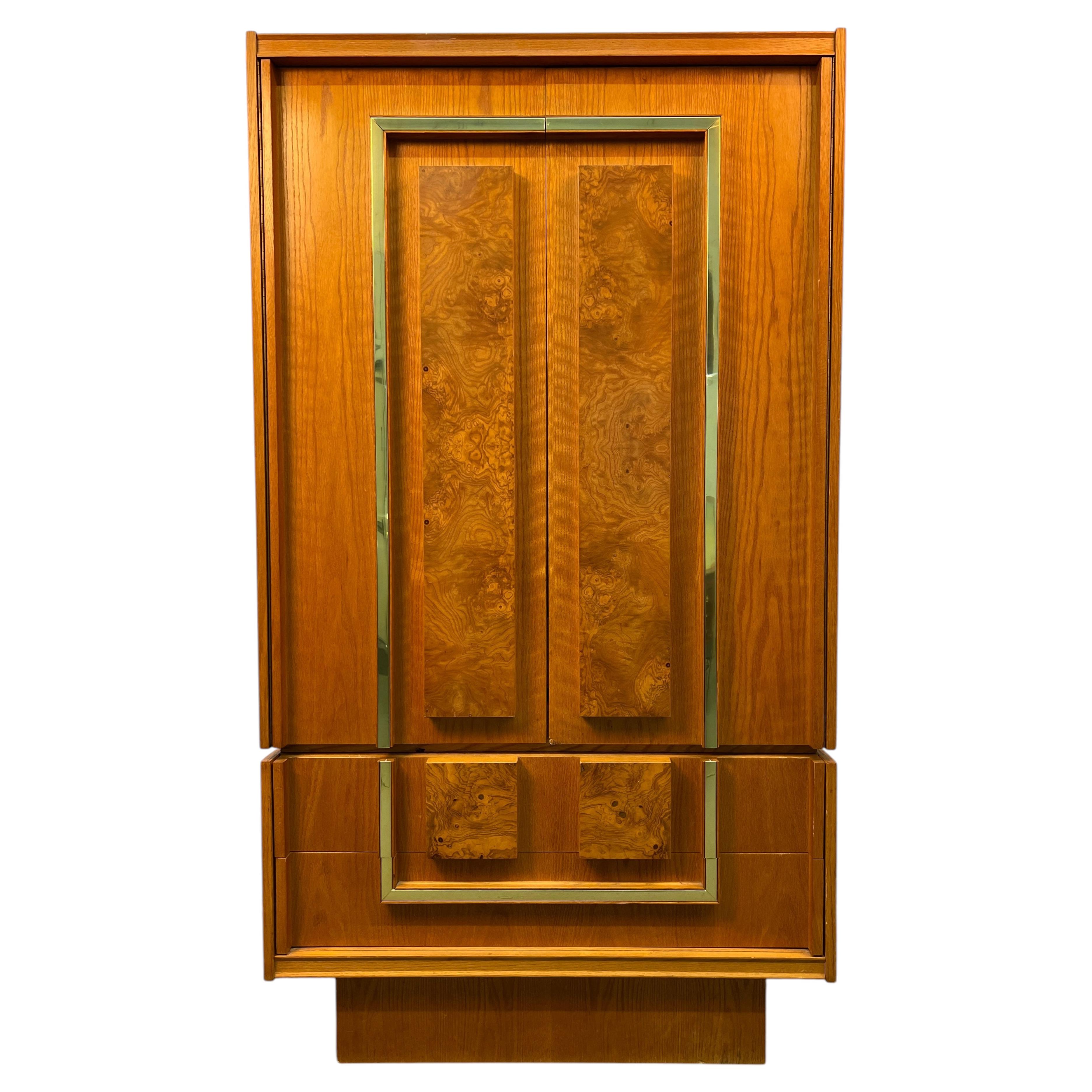 Mid-Century Brutalist Two-Piece Oak and Burl Armoire by Tobago Furniture