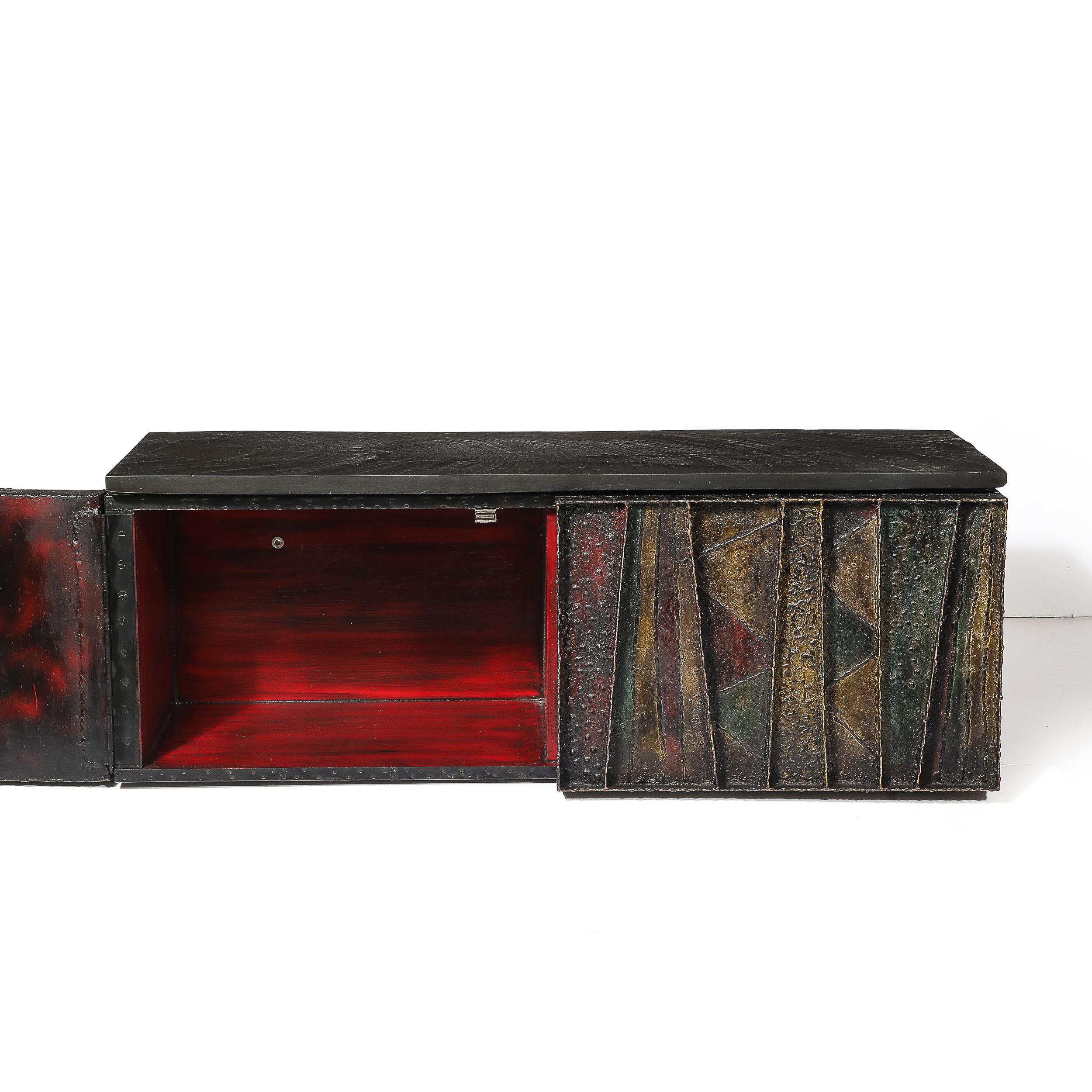 Mid-Century Brutalist Wall Mounted Patchwork Cabinet Signed Paul Evans 68 For Sale 3