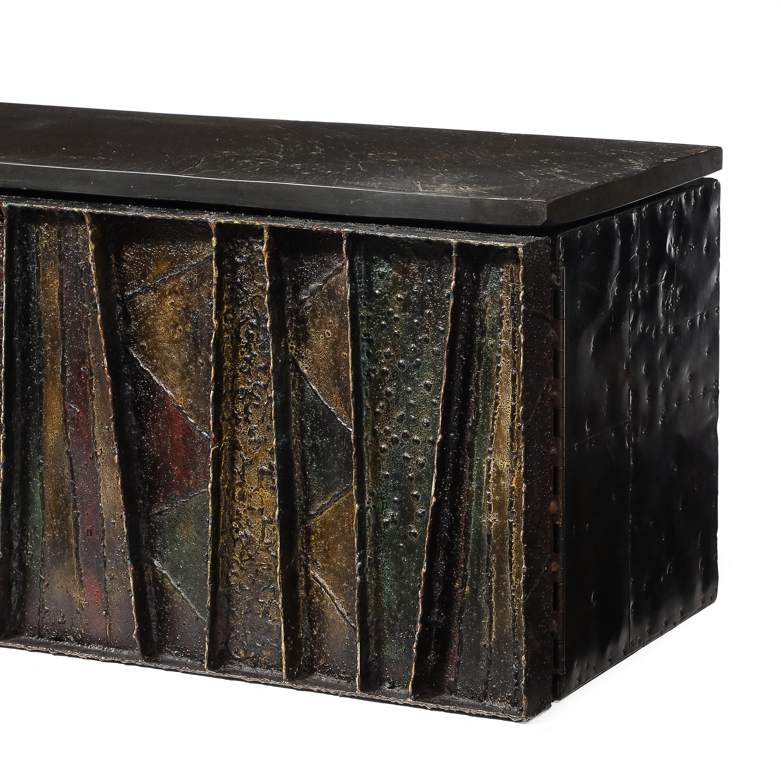 Mid-Century Brutalist Wall Mounted Patchwork Cabinet Signed Paul Evans 68 For Sale 4