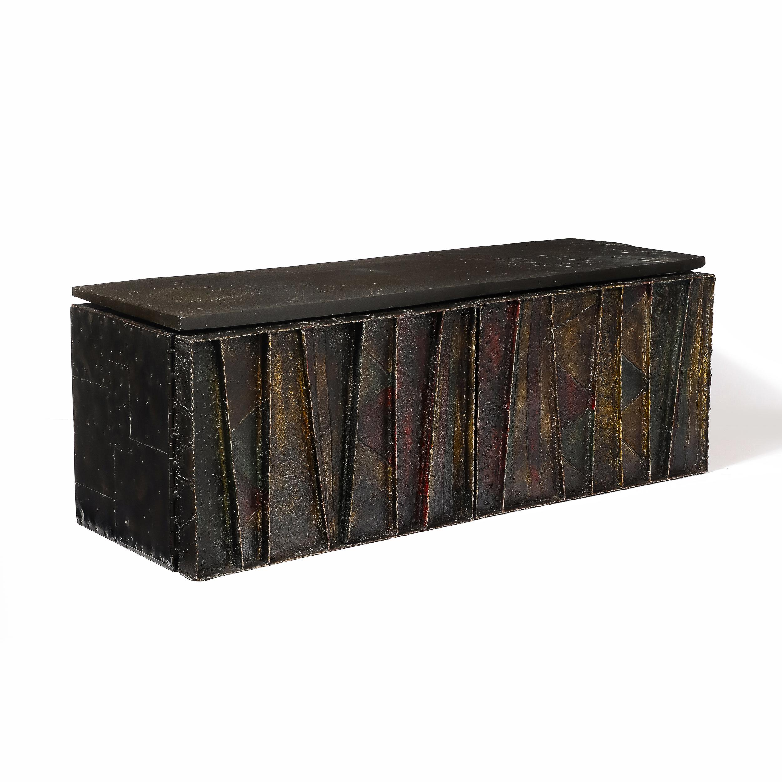Mid-Century Modern Mid-Century Brutalist Wall Mounted Patchwork Cabinet Signed Paul Evans 68 For Sale