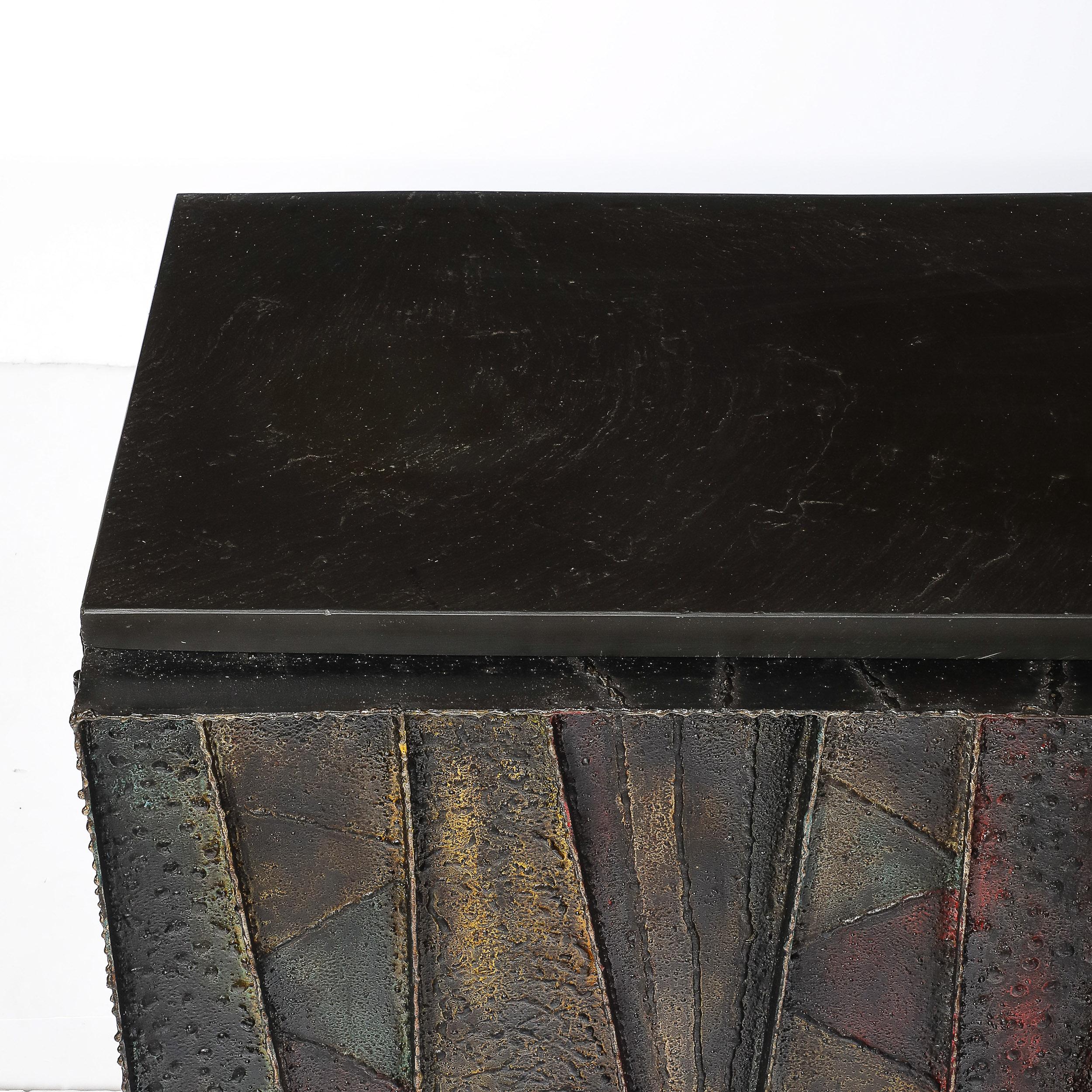 American Mid-Century Brutalist Wall Mounted Patchwork Cabinet Signed Paul Evans 68 For Sale