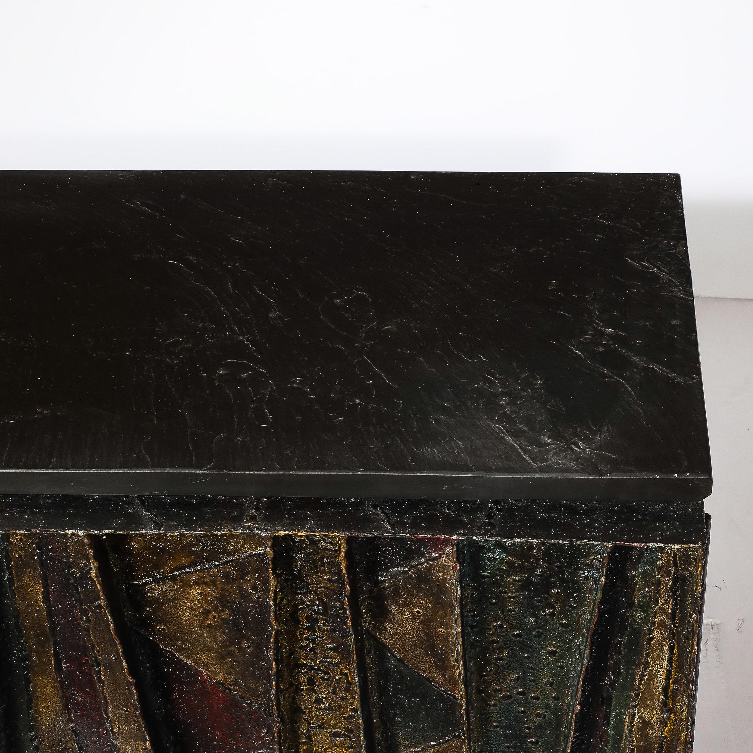 Mid-Century Brutalist Wall Mounted Patchwork Cabinet Signed Paul Evans 68 In Excellent Condition For Sale In New York, NY