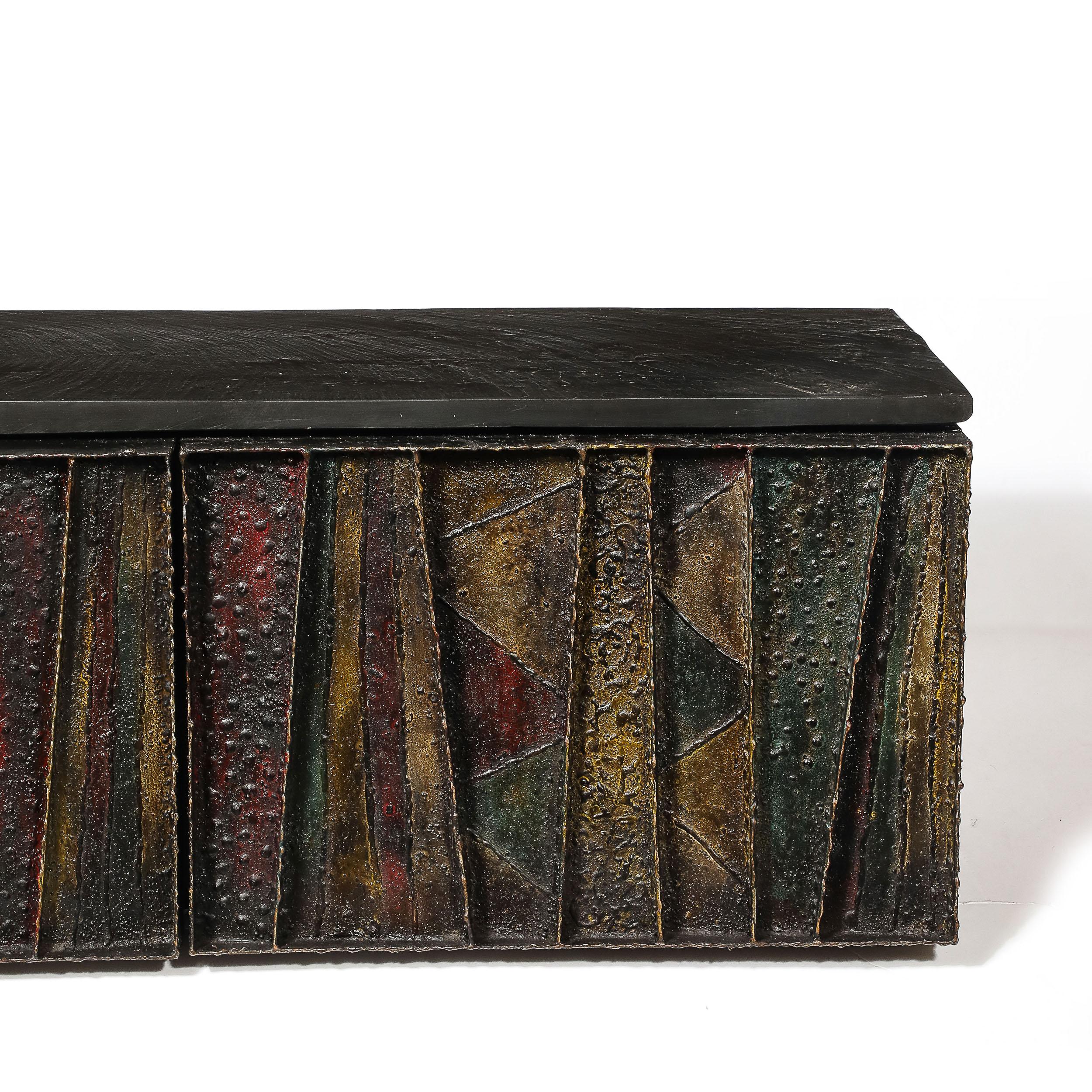 Metal Mid-Century Brutalist Wall Mounted Patchwork Cabinet Signed Paul Evans 68 For Sale