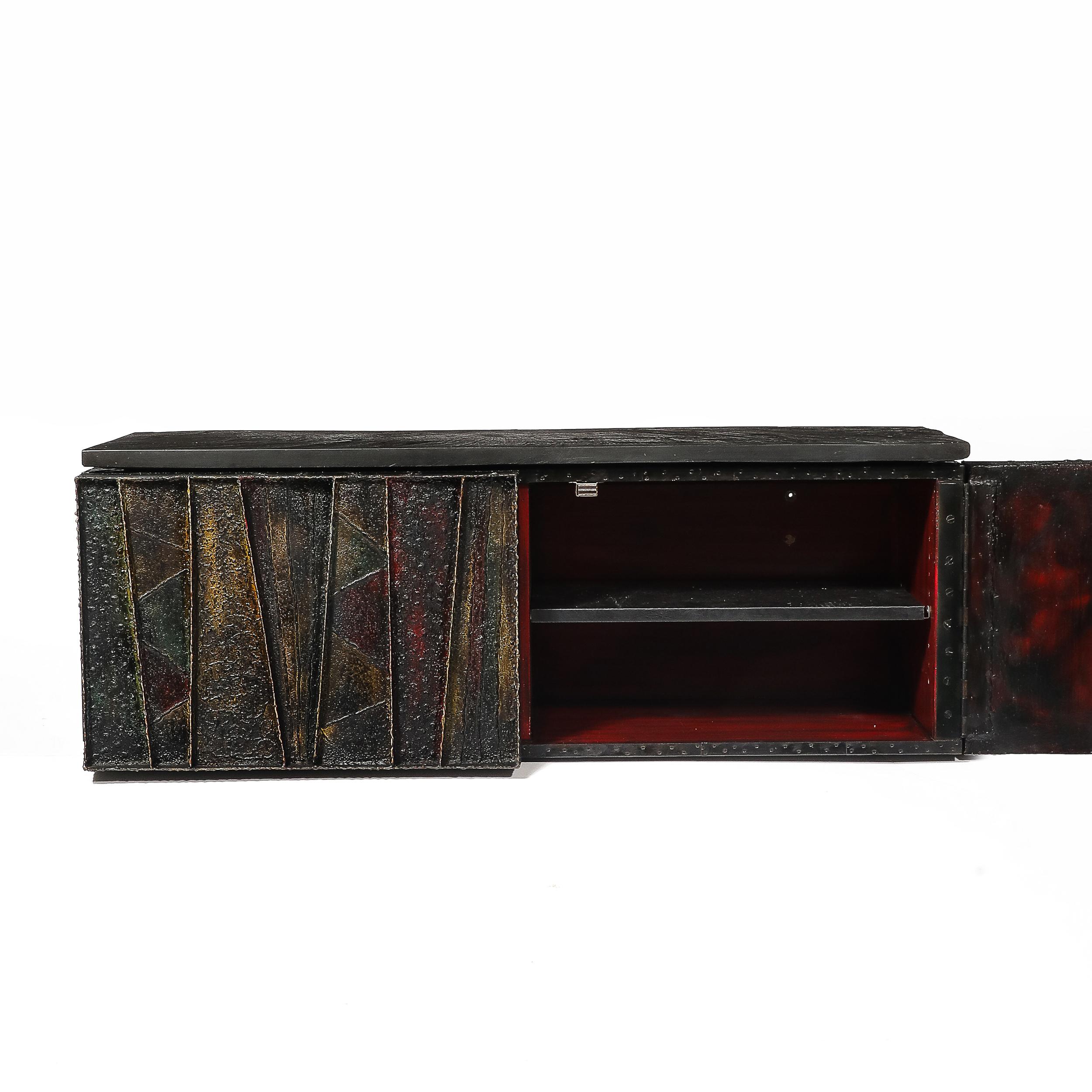 Mid-Century Brutalist Wall Mounted Patchwork Cabinet Signed Paul Evans 68 For Sale 1