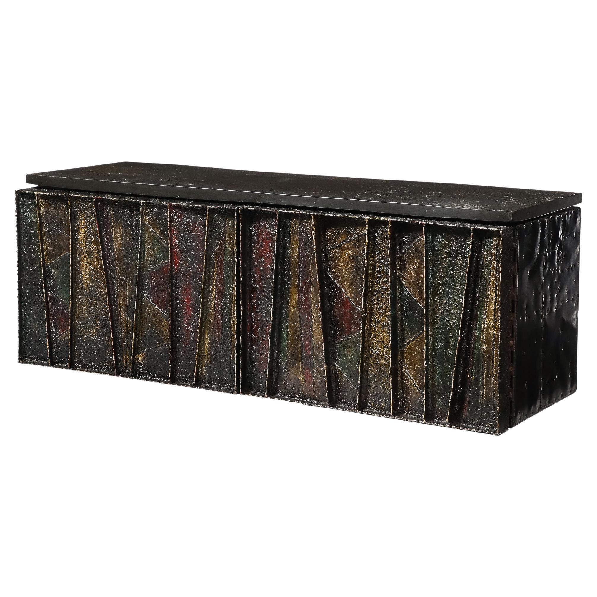 Mid-Century Brutalist Wall Mounted Patchwork Cabinet Signed Paul Evans 68 For Sale