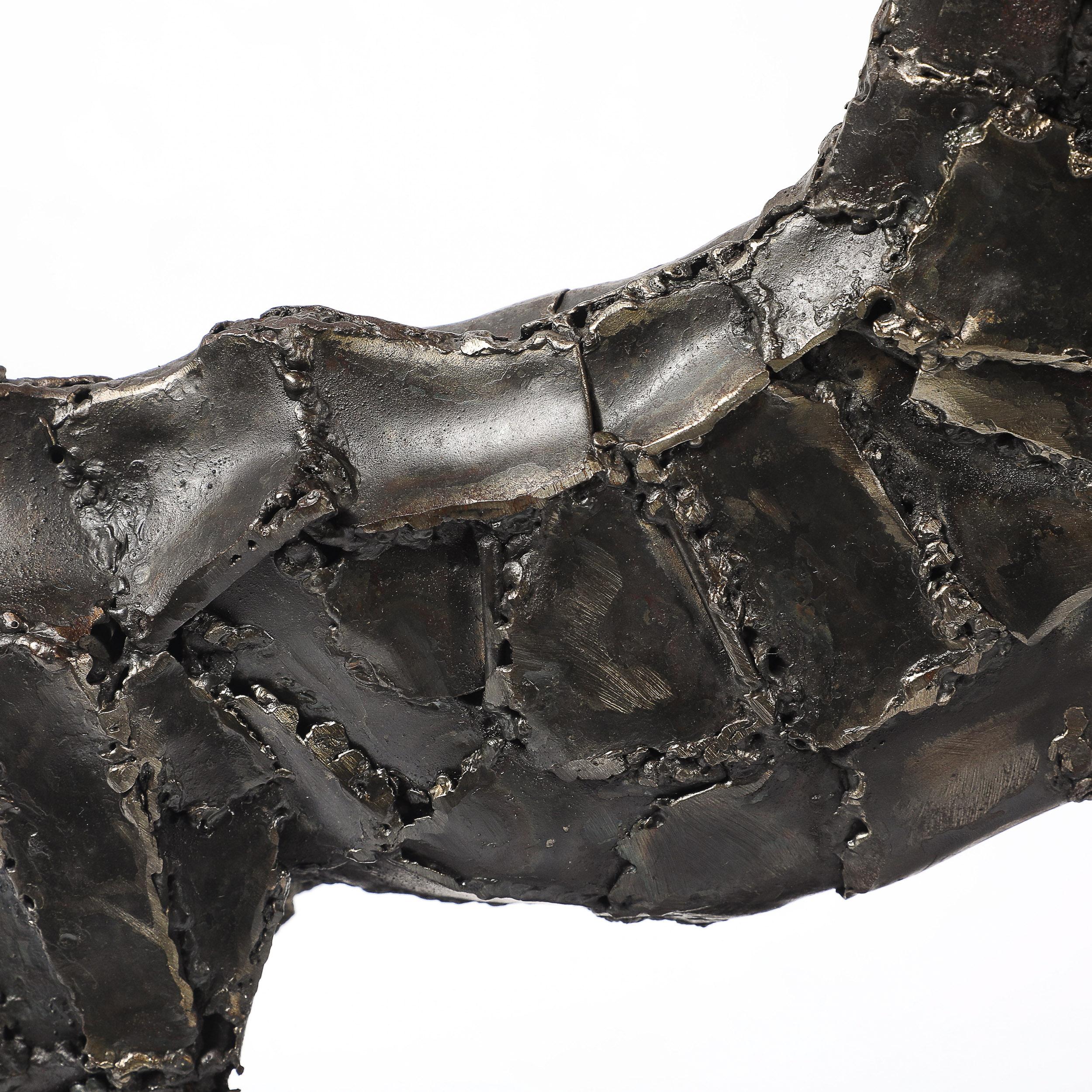 Mid-Century Brutalist Welded Bronze Sculpture of a Leaping Goat on Wood Base For Sale 4