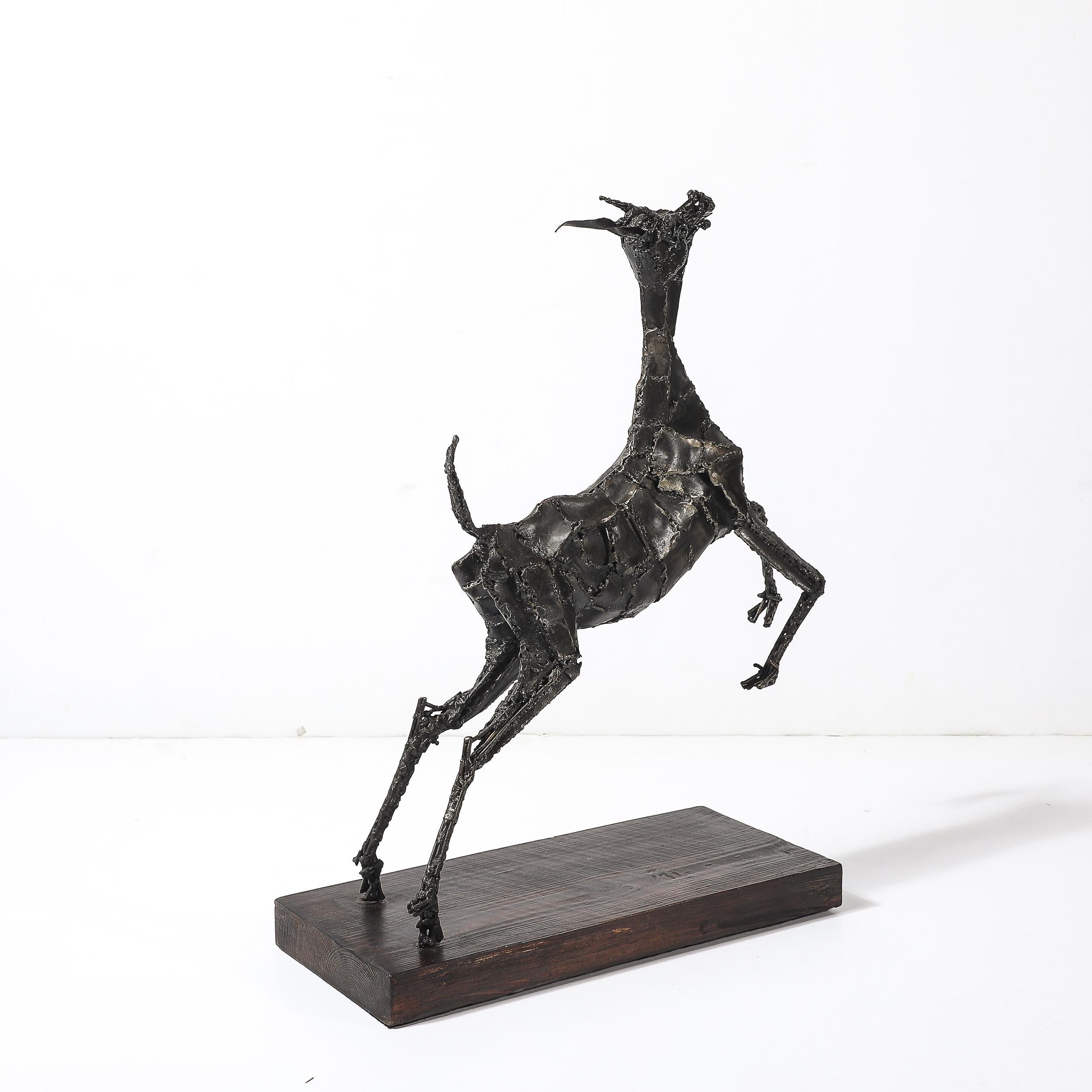 Mid-Century Brutalist Welded Bronze Sculpture of a Leaping Goat on Wood Base For Sale 5