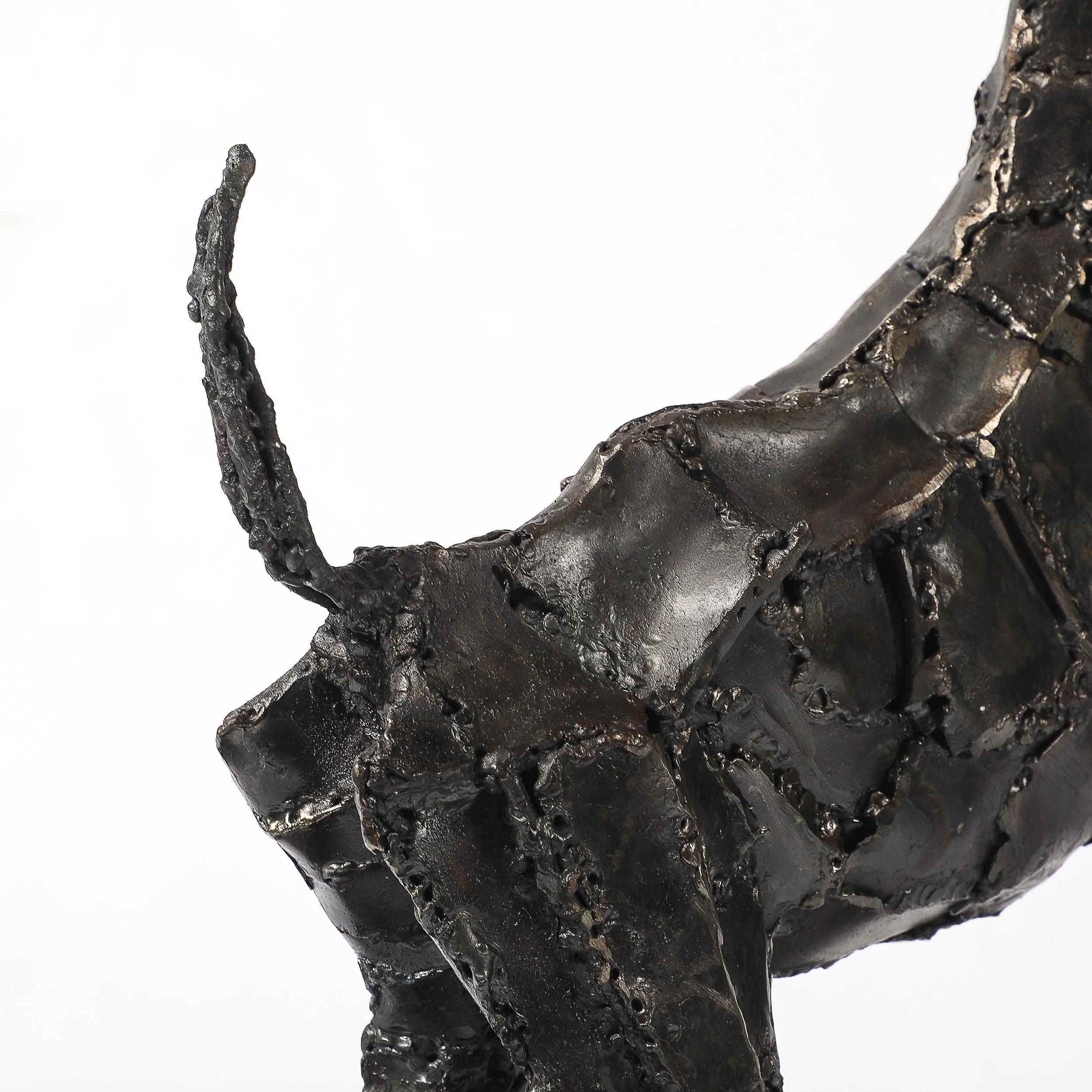 Mid-Century Brutalist Welded Bronze Sculpture of a Leaping Goat on Wood Base For Sale 6