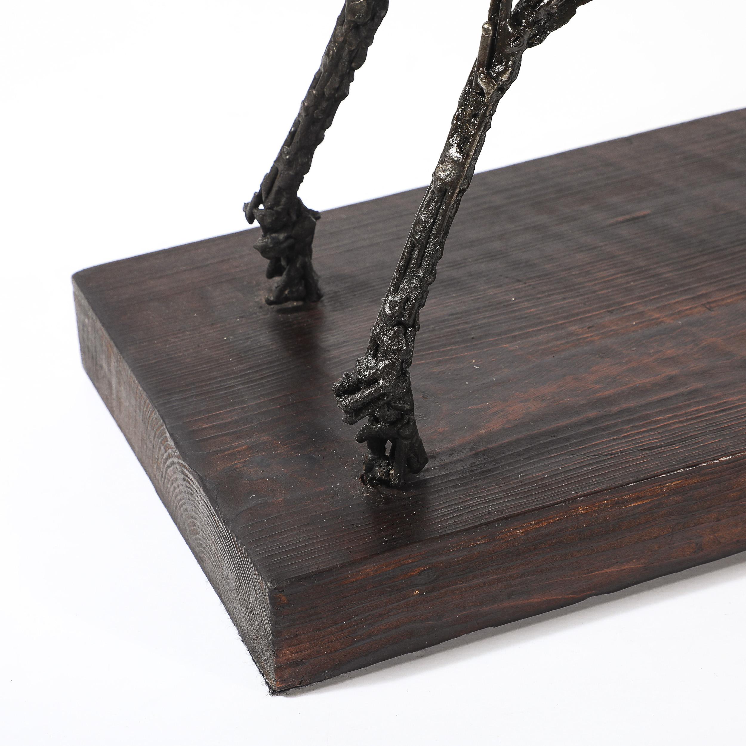 Mid-Century Brutalist Welded Bronze Sculpture of a Leaping Goat on Wood Base For Sale 8