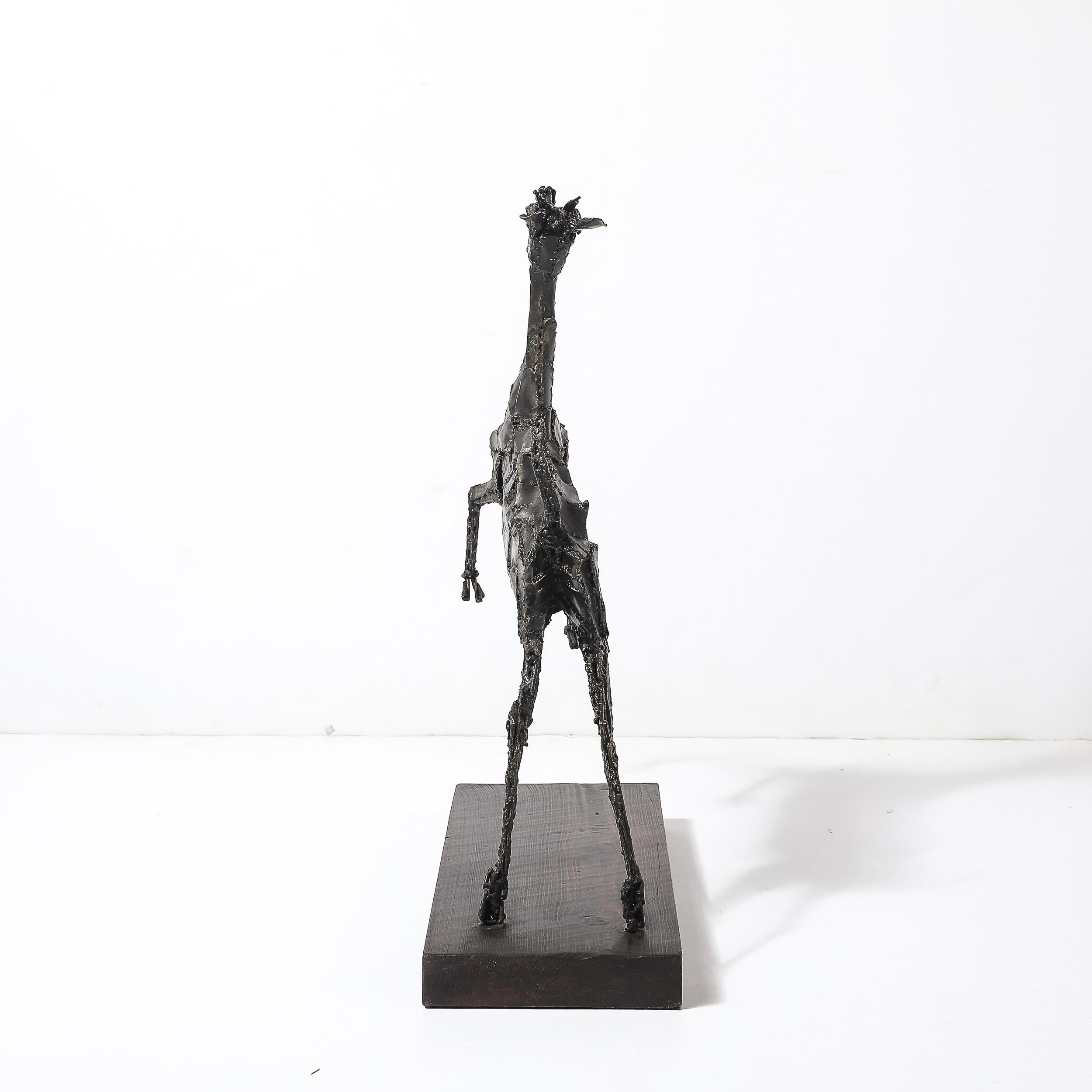 Mid-Century Brutalist Welded Bronze Sculpture of a Leaping Goat on Wood Base For Sale 9