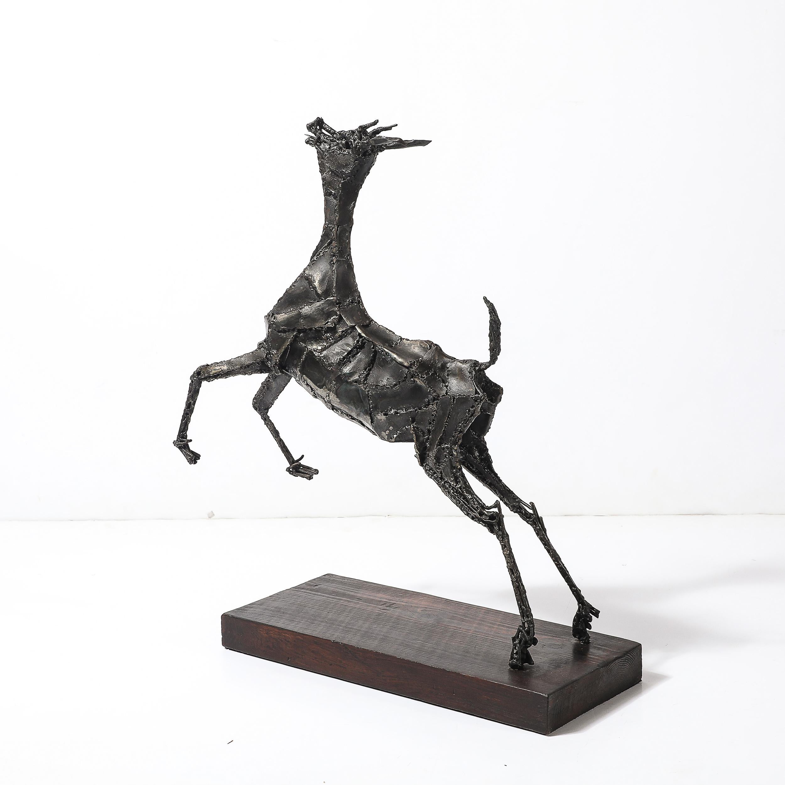 Mid-Century Brutalist Welded Bronze Sculpture of a Leaping Goat on Wood Base For Sale 10