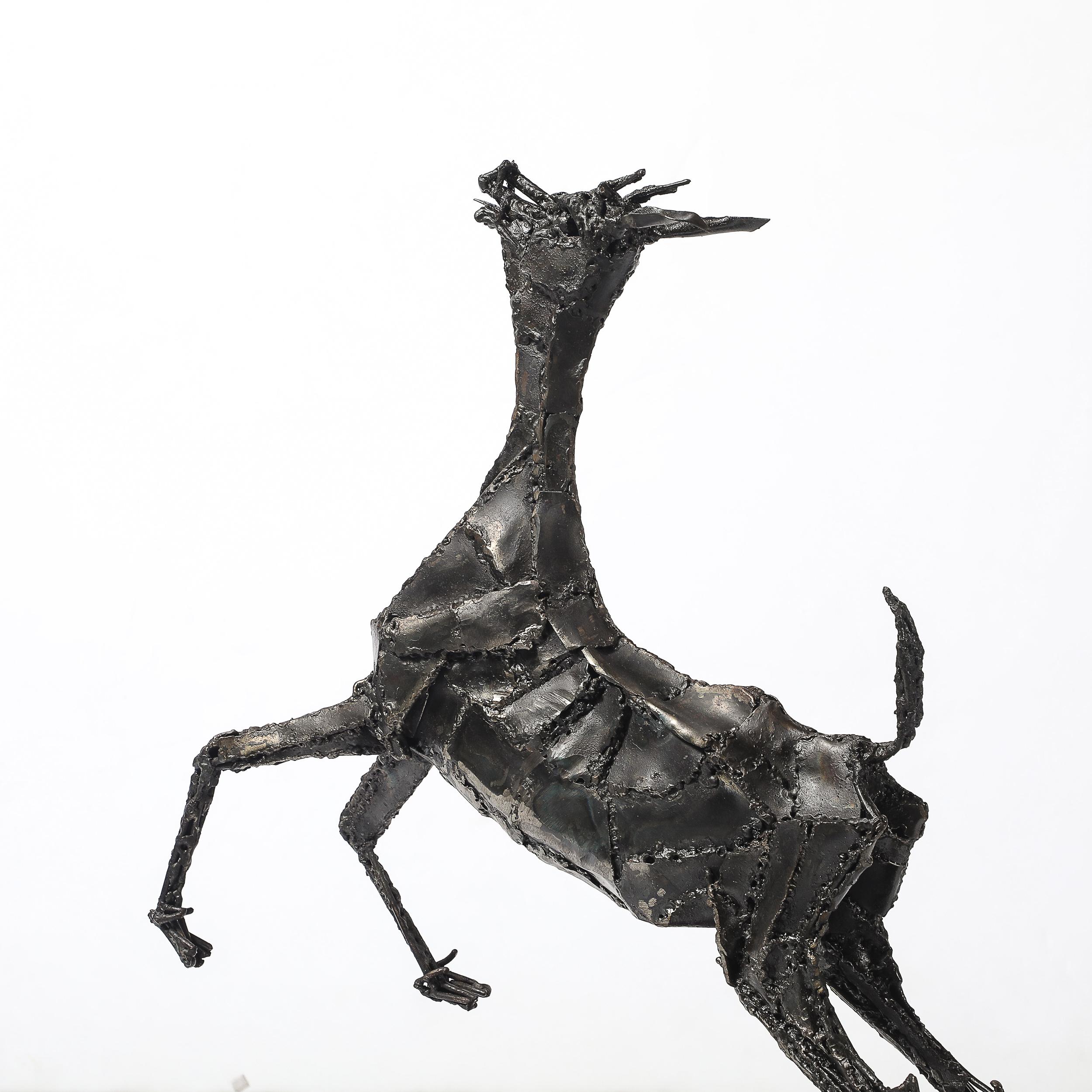 Mid-Century Brutalist Welded Bronze Sculpture of a Leaping Goat on Wood Base For Sale 11