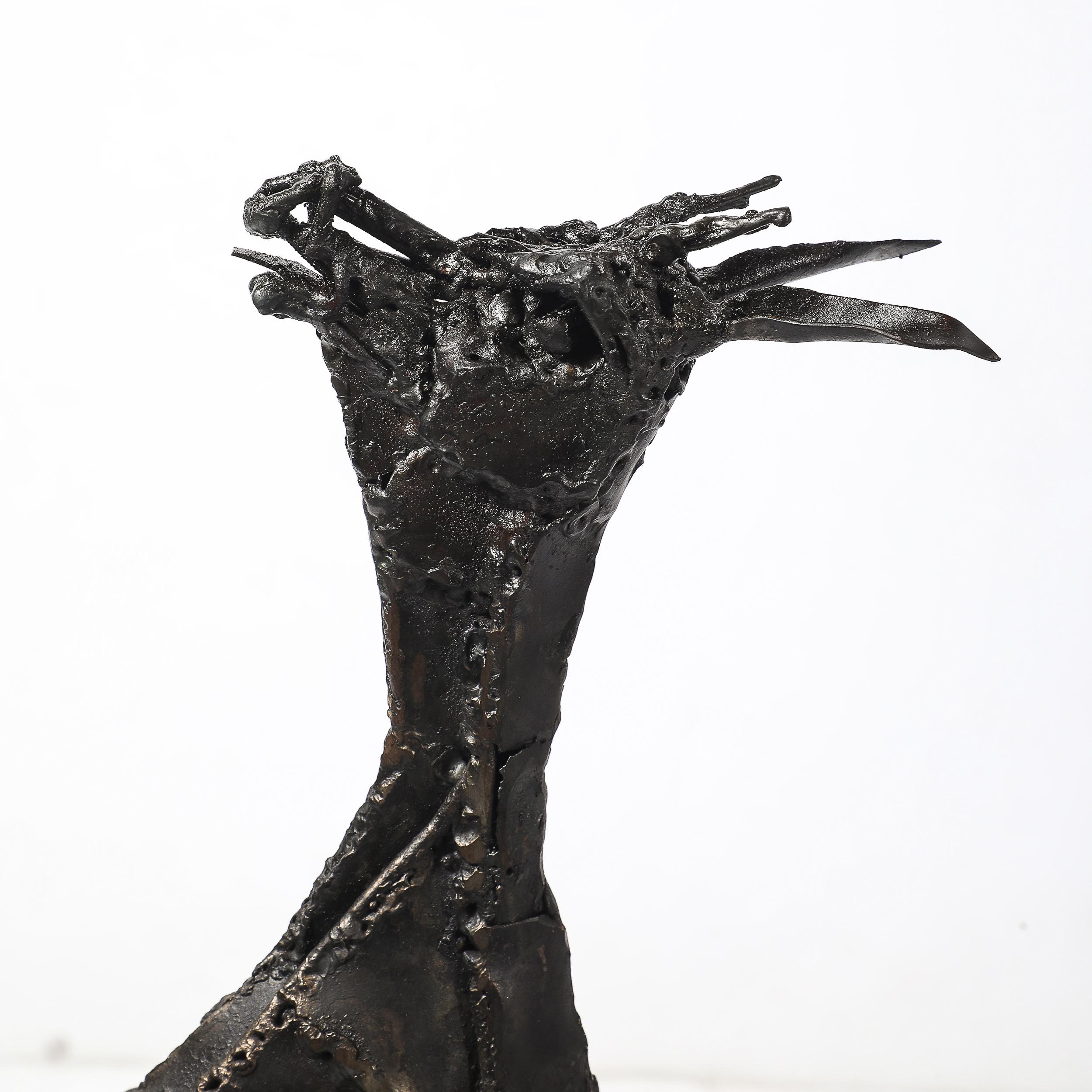 Mid-Century Brutalist Welded Bronze Sculpture of a Leaping Goat on Wood Base For Sale 13